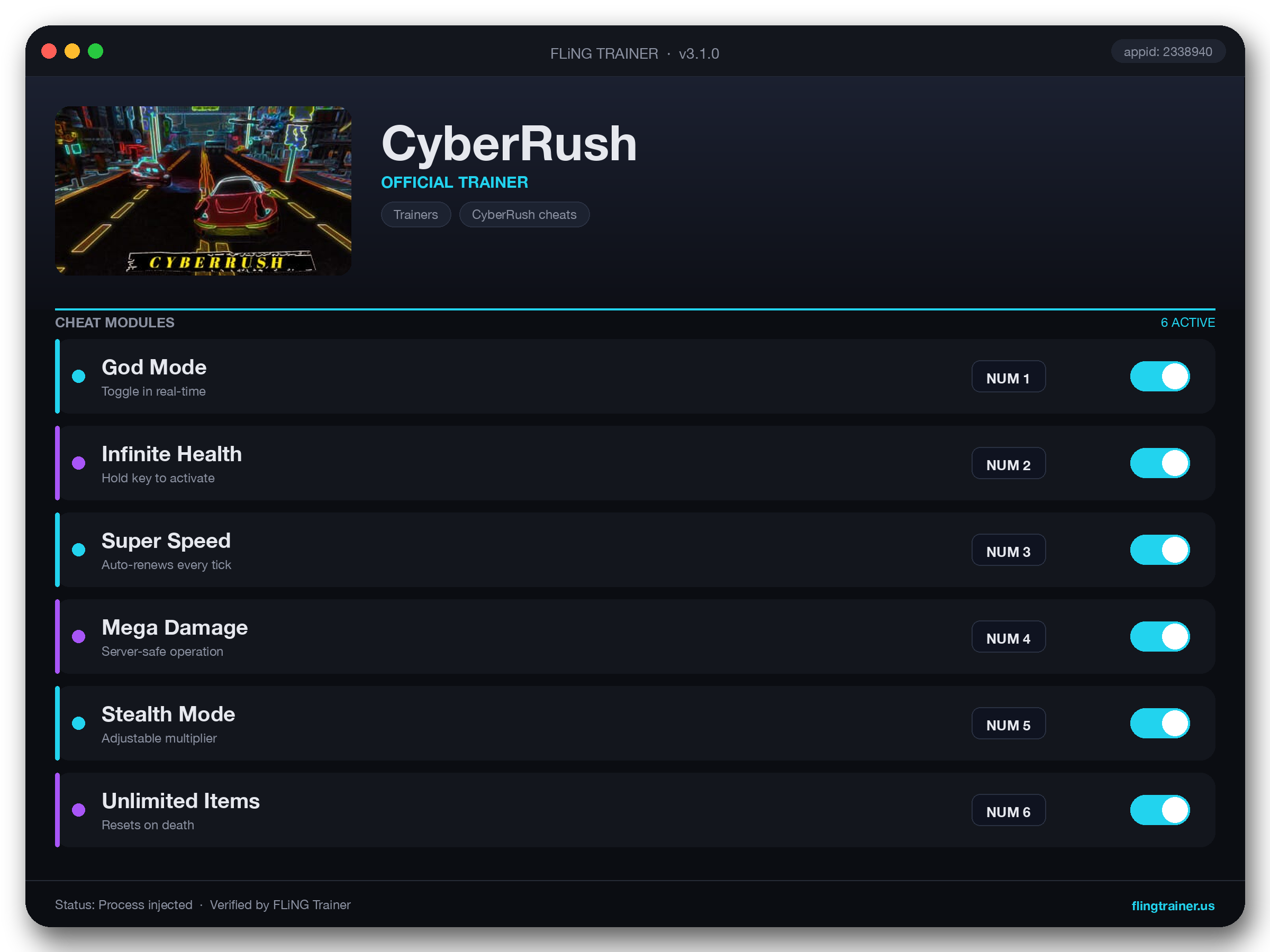 CyberRush Trainer interface