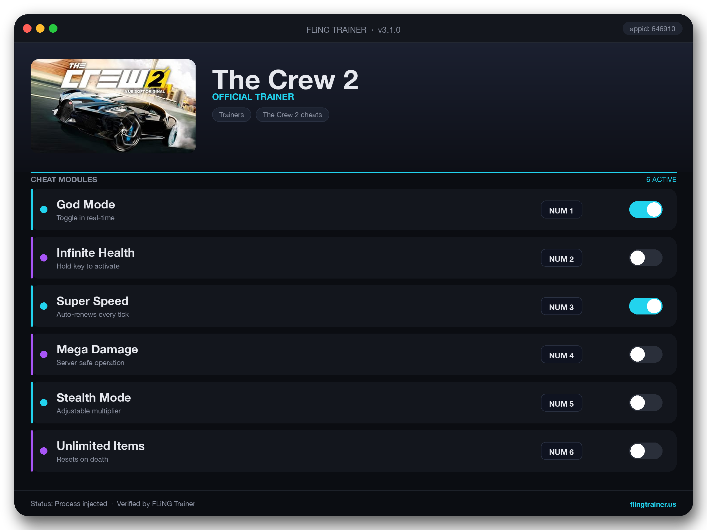 The Crew 2 Trainer interface