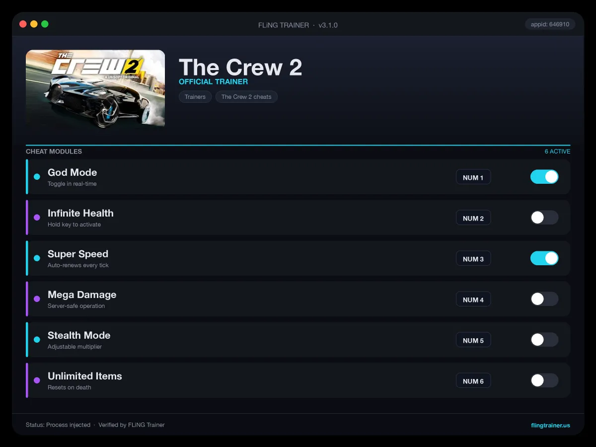 The Crew 2 Trainer interface