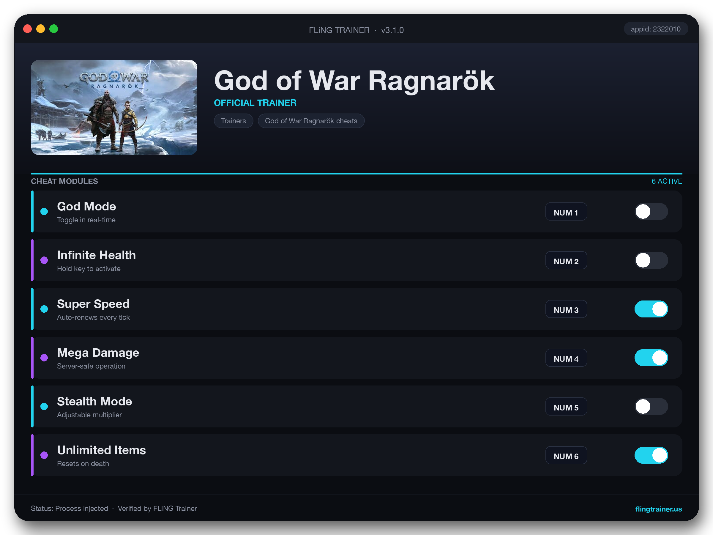 God of War Ragnarök Trainer interface