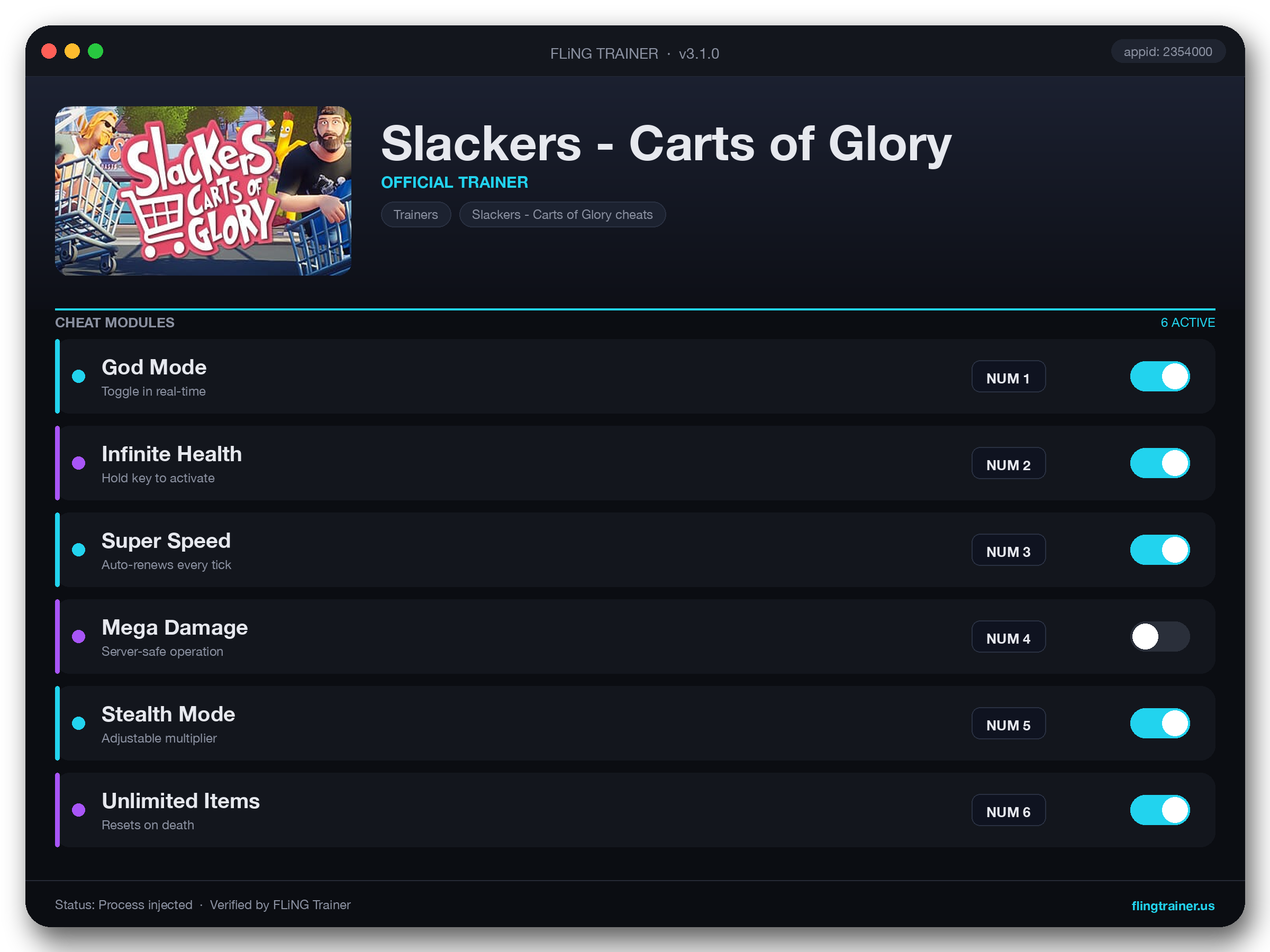 Slackers - Carts of Glory Trainer interface