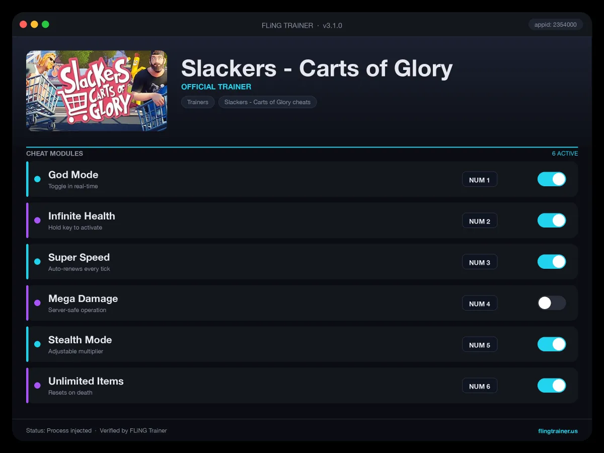 Slackers - Carts of Glory Trainer interface