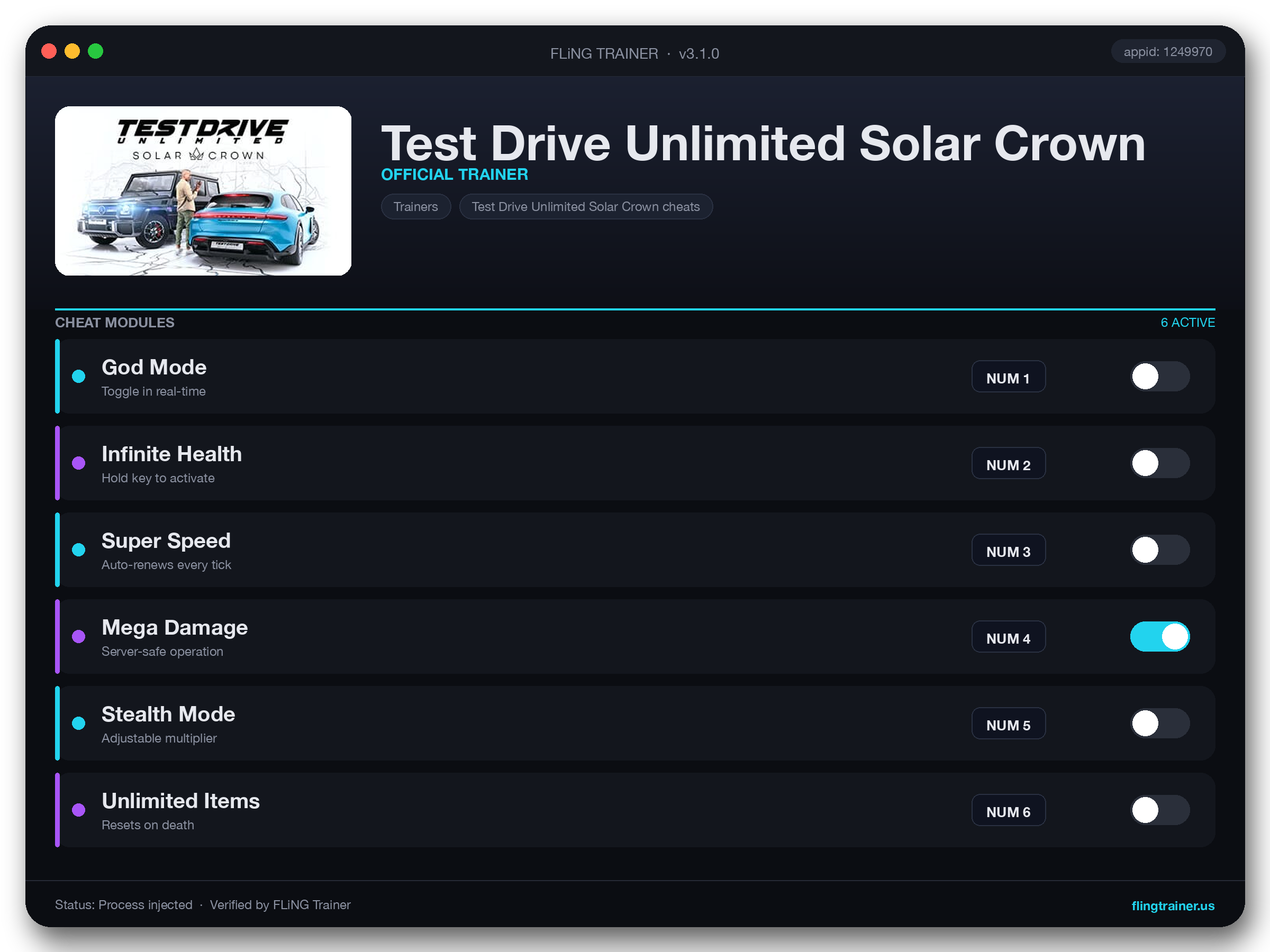 Test Drive Unlimited Solar Crown Trainer interface