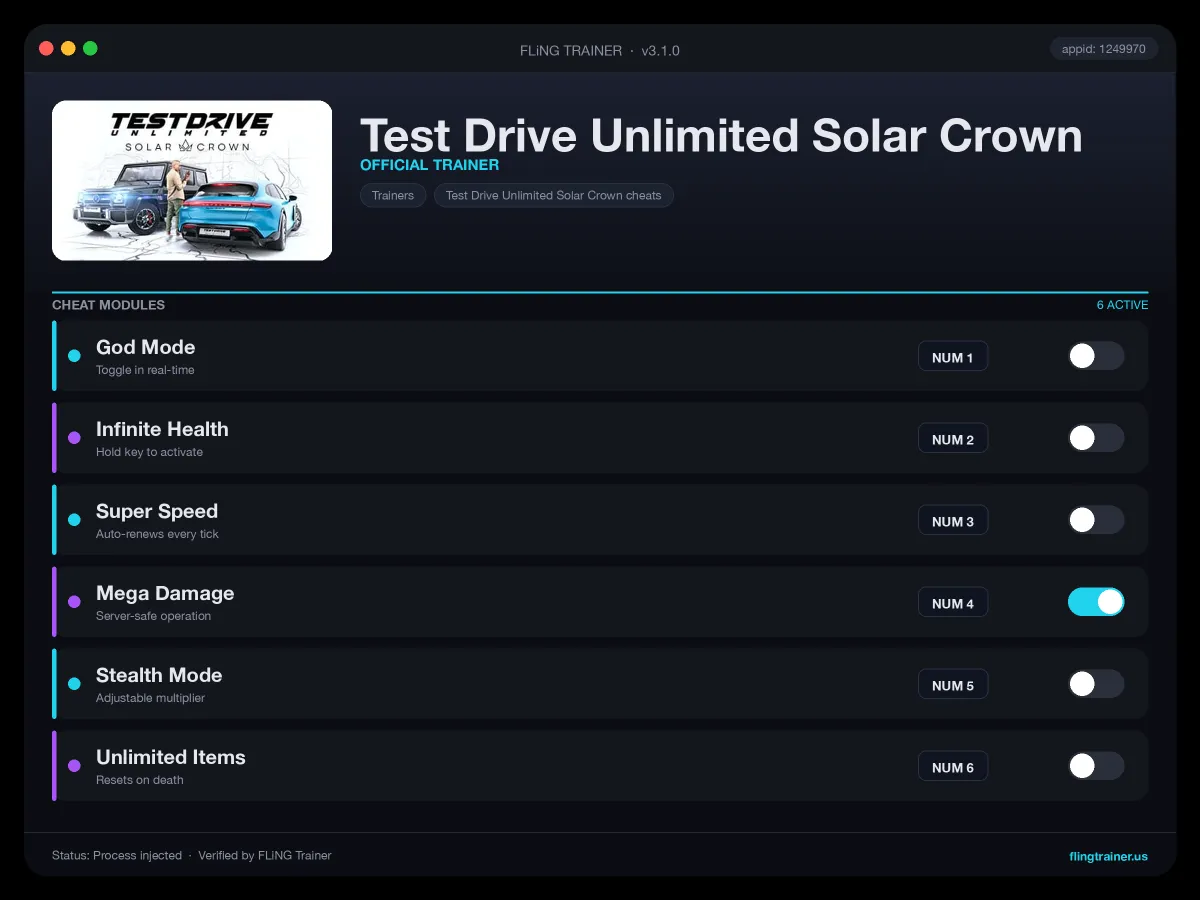 Test Drive Unlimited Solar Crown Trainer interface