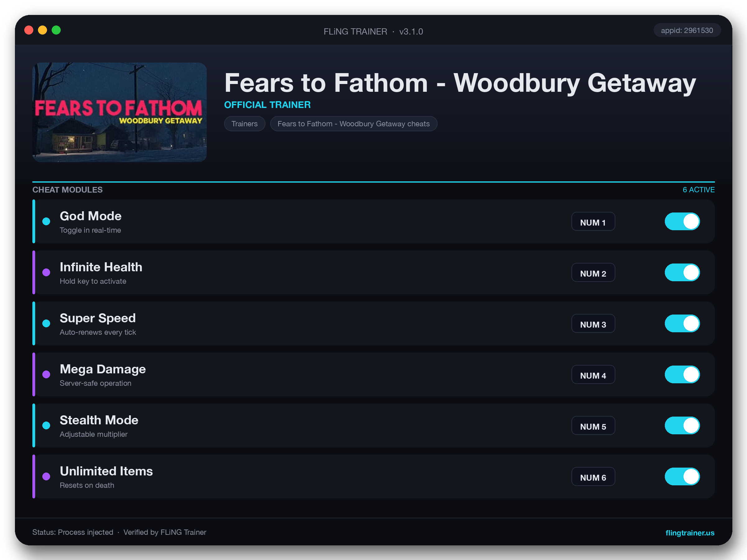 Fears to Fathom - Woodbury Getaway Trainer interface