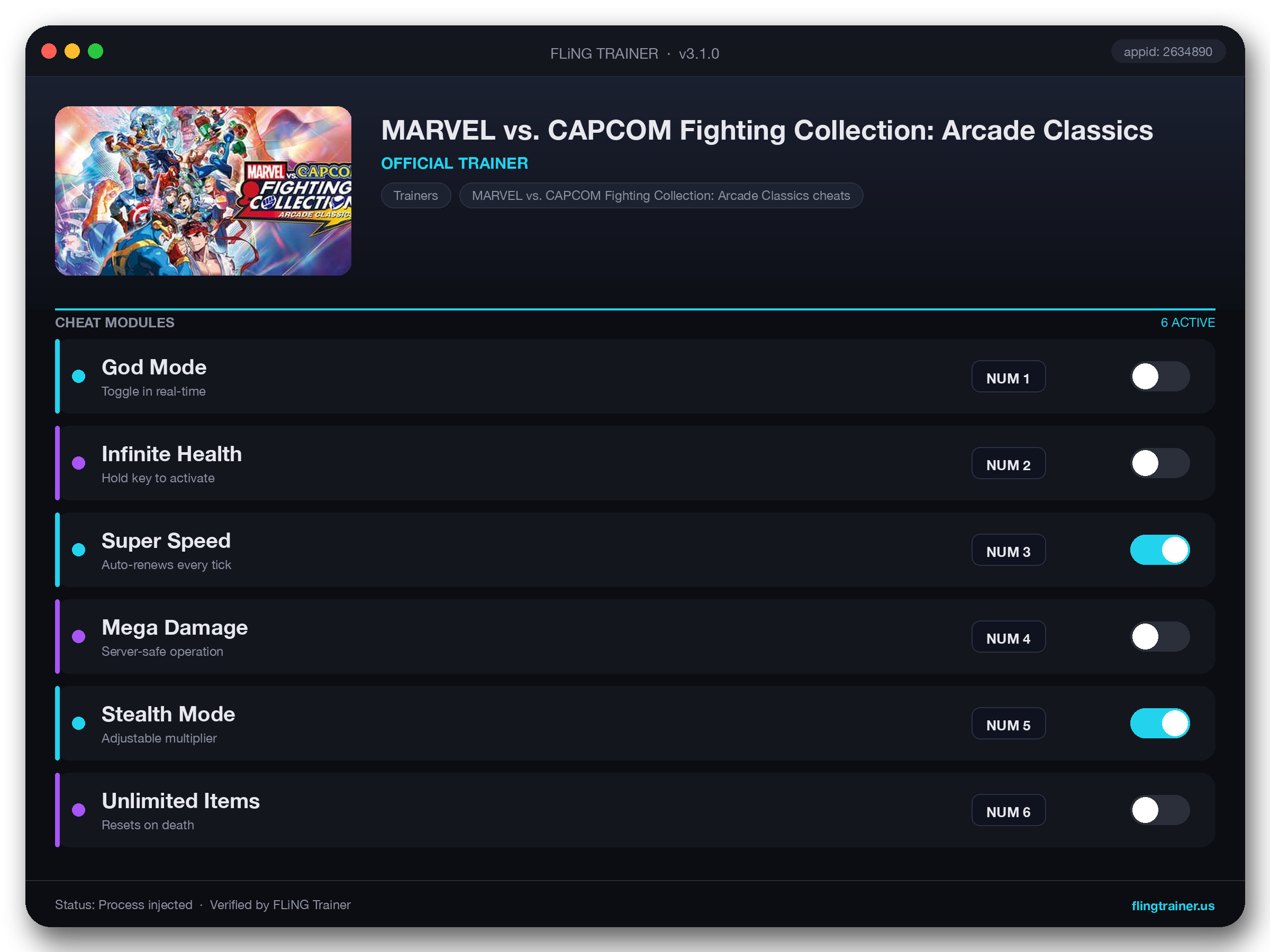 MARVEL vs. CAPCOM Fighting Collection: Arcade Classics Trainer interface