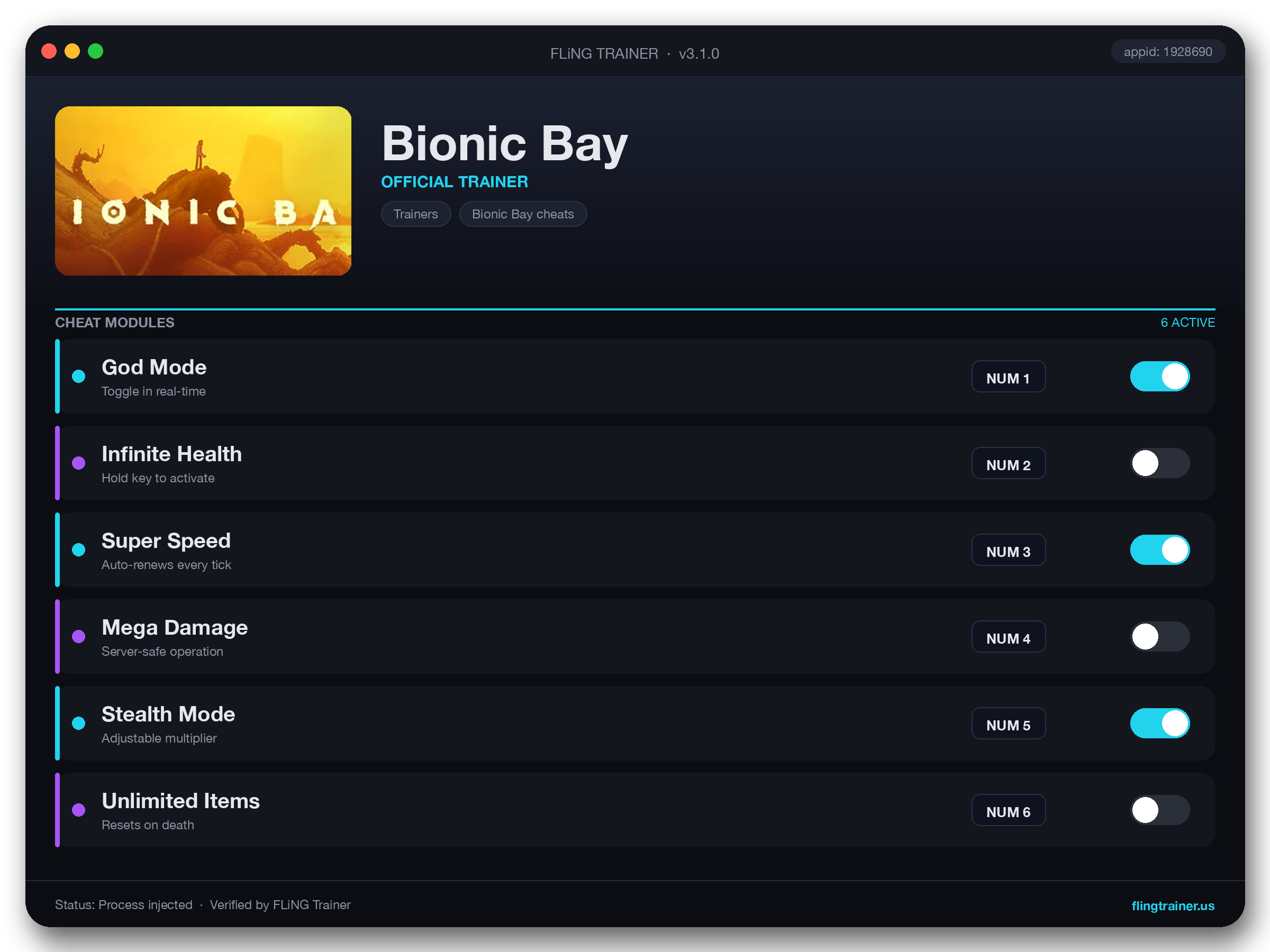 Bionic Bay Trainer interface