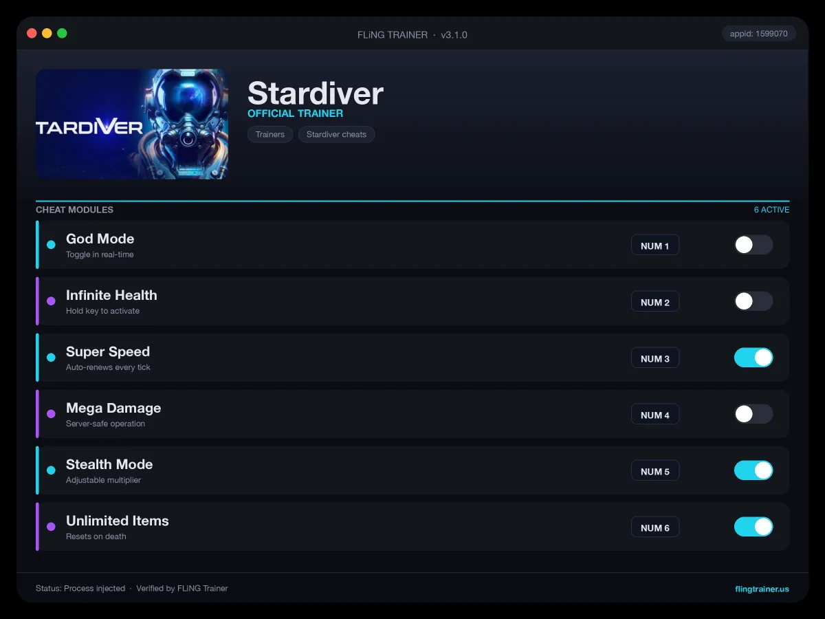 Stardiver Trainer interface