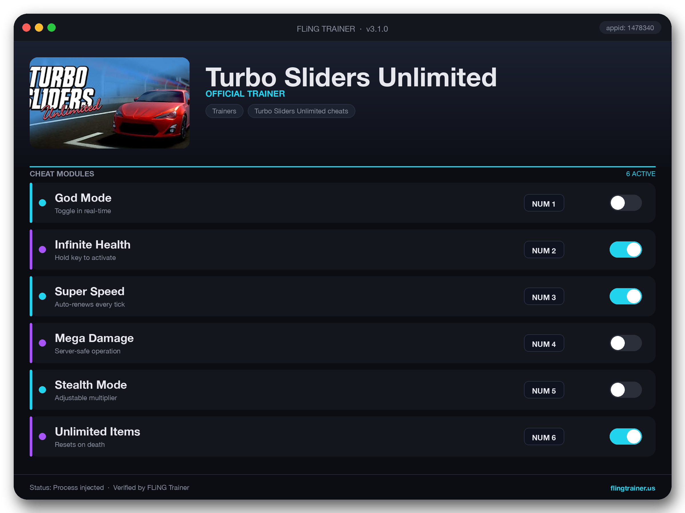 Turbo Sliders Unlimited Trainer interface