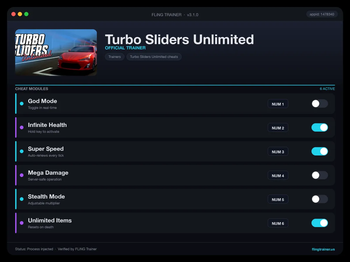 Turbo Sliders Unlimited Trainer interface
