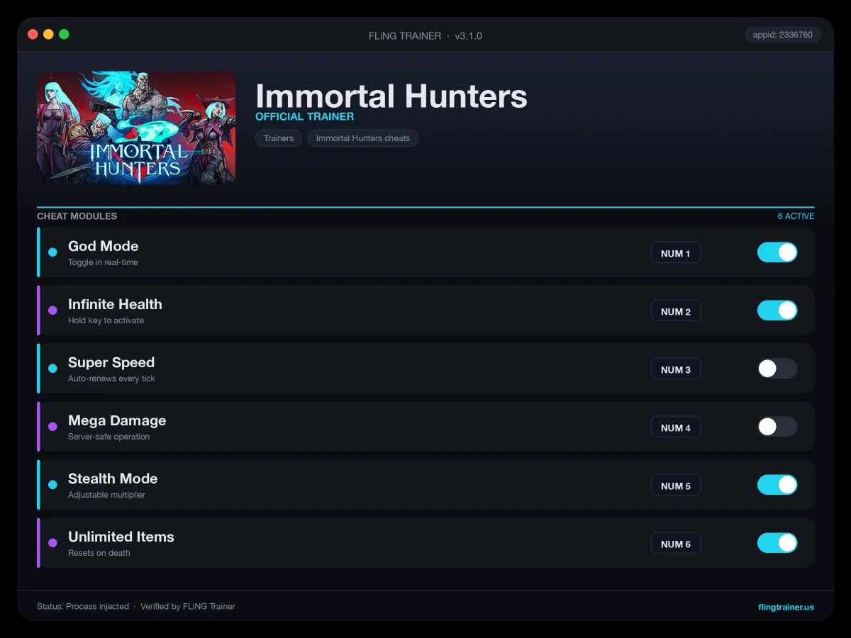 Immortal Hunters Trainer interface