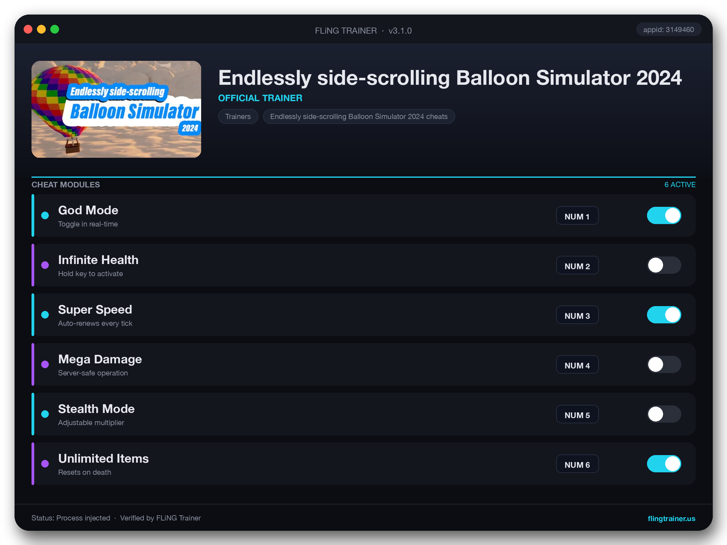 Endlessly side-scrolling Balloon Simulator 2024 Trainer interface