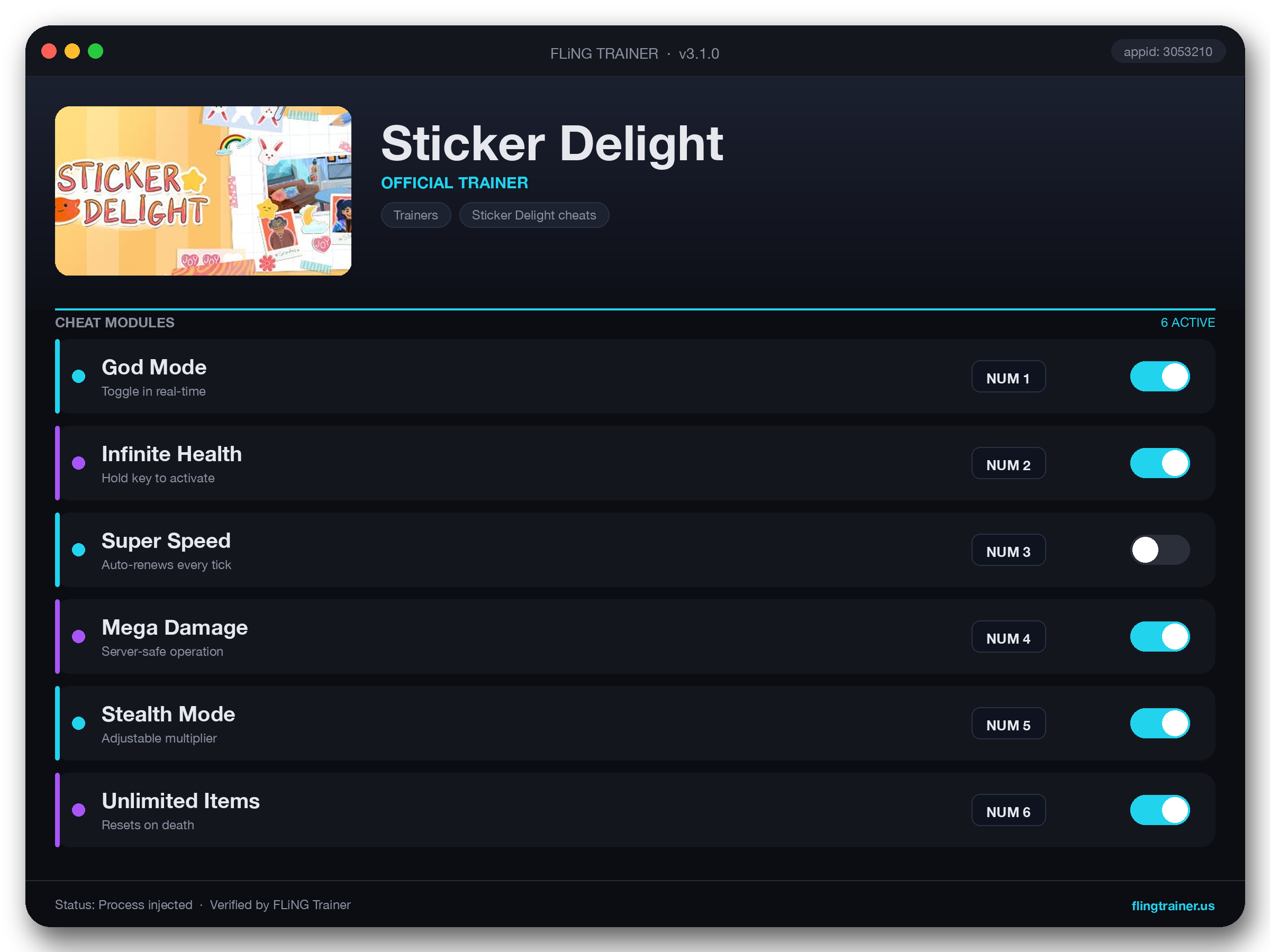 Sticker Delight Trainer interface