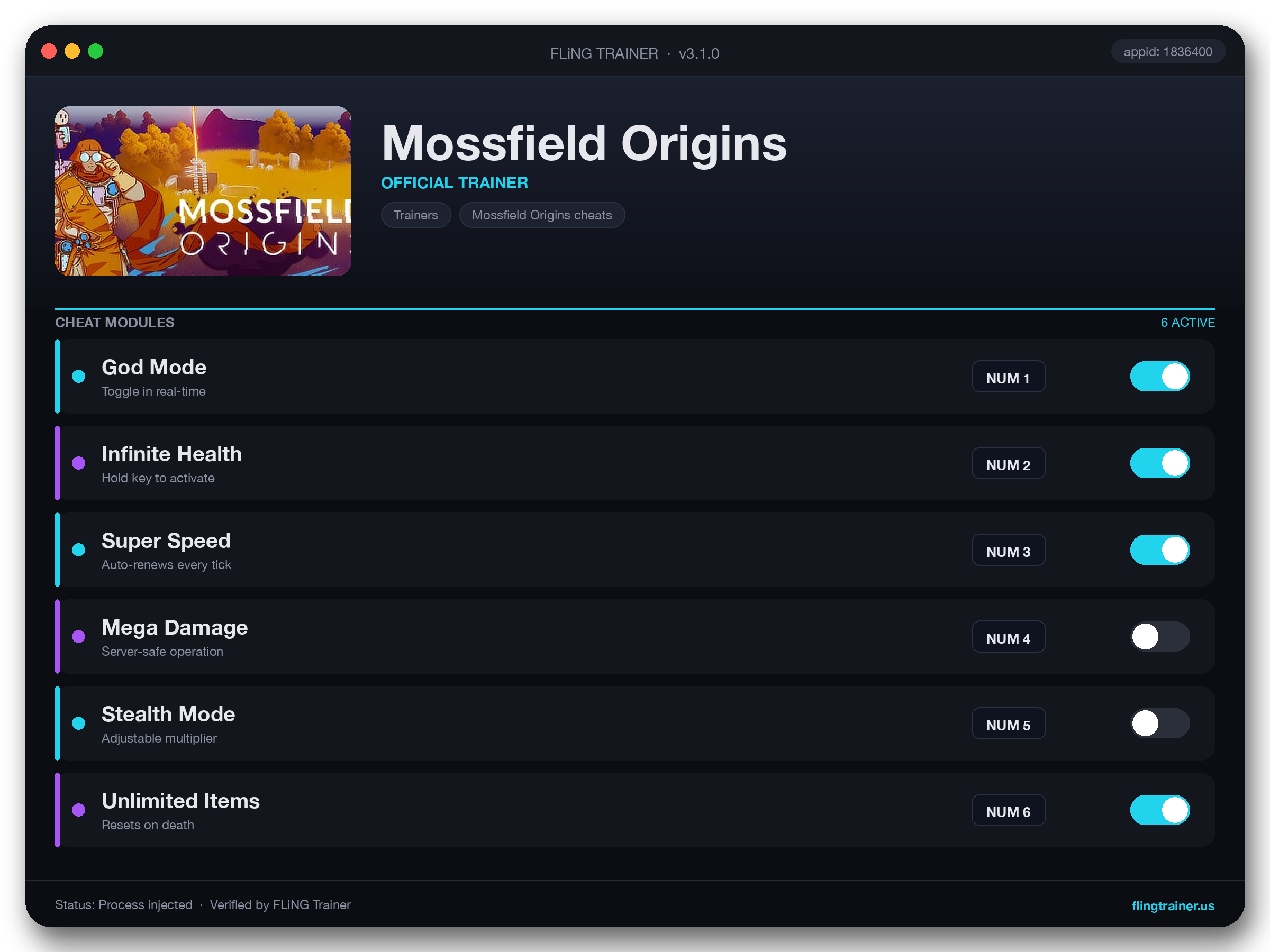Mossfield Origins Trainer interface