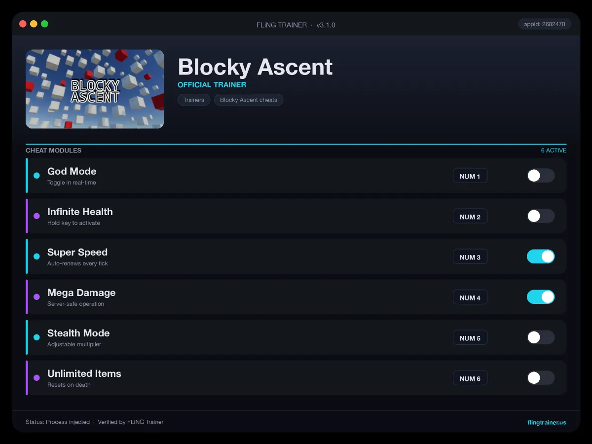 Blocky Ascent Trainer interface