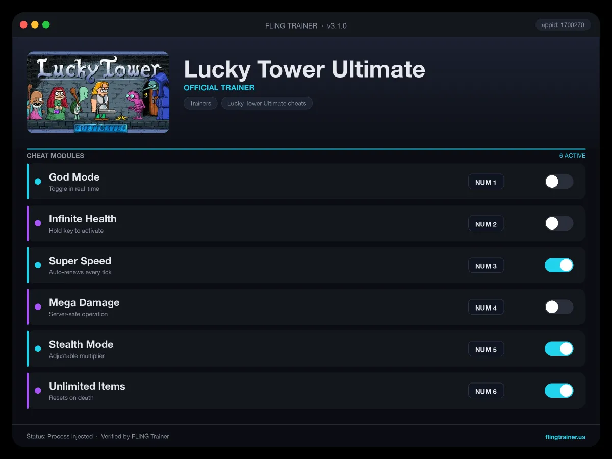 Lucky Tower Ultimate Trainer interface