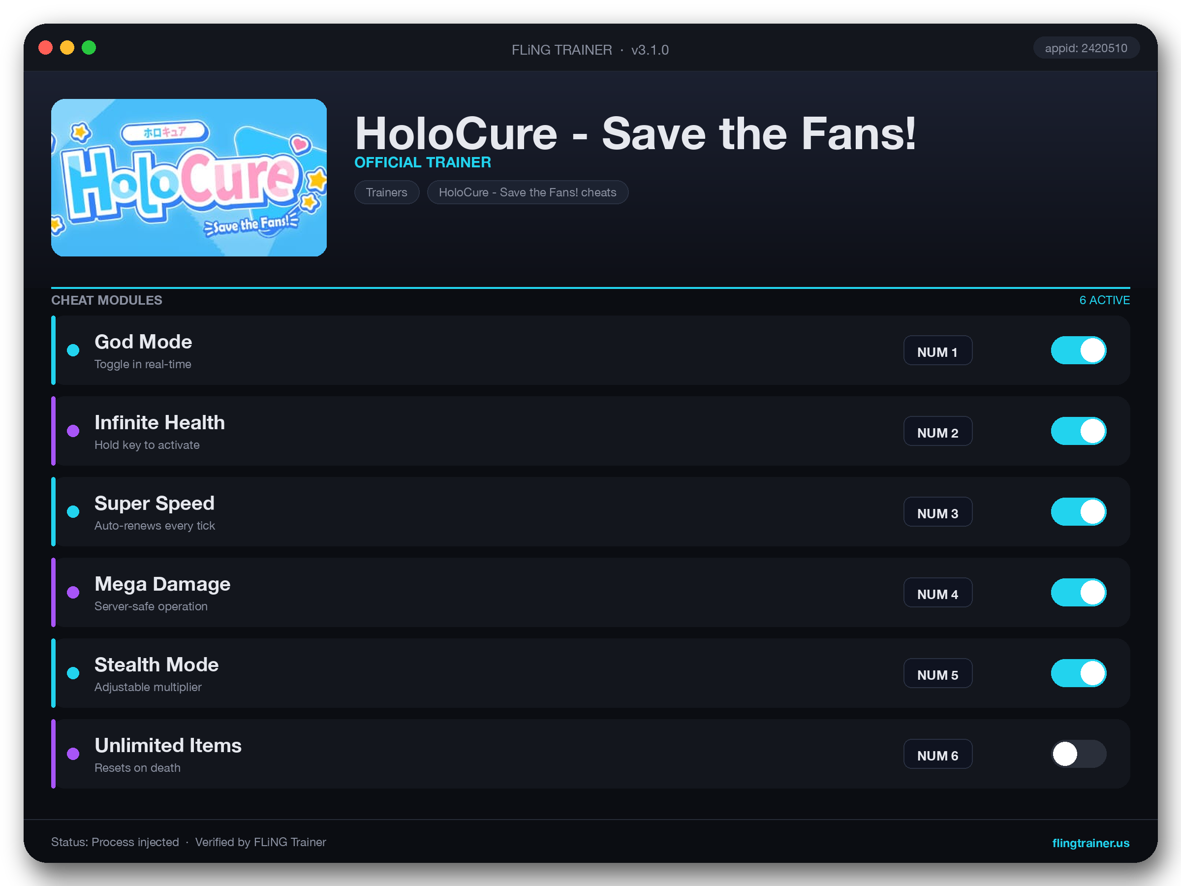 HoloCure - Save the Fans! Trainer interface