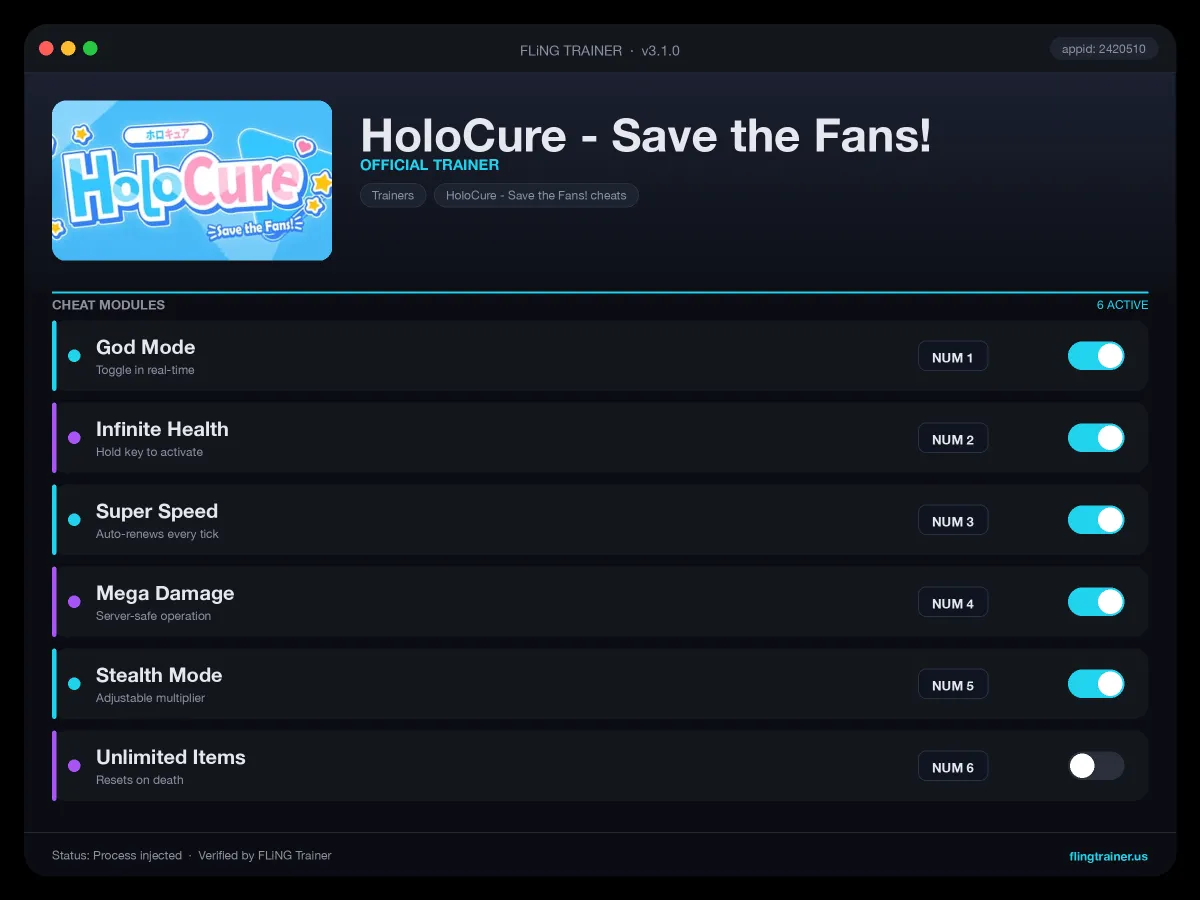 HoloCure - Save the Fans! Trainer interface