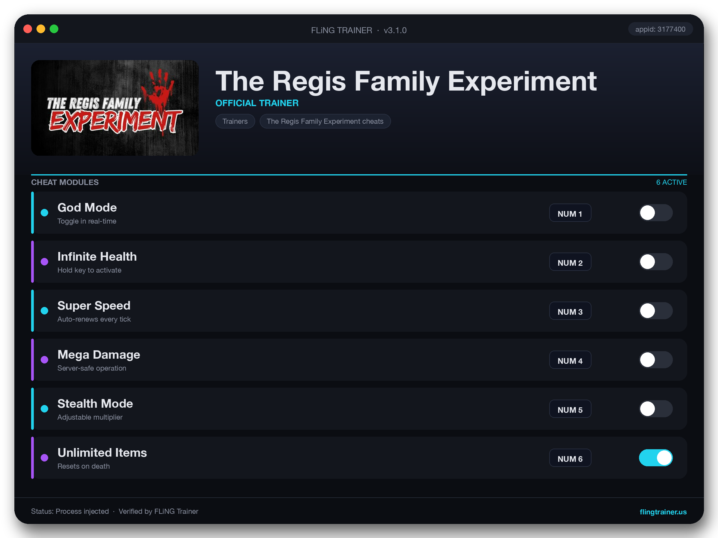 The Regis Family Experiment Trainer interface