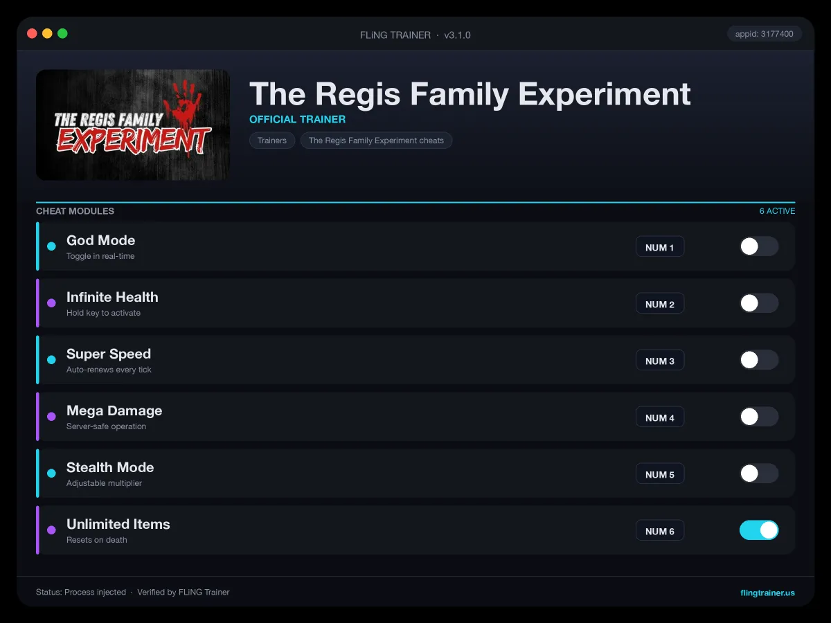 The Regis Family Experiment Trainer interface