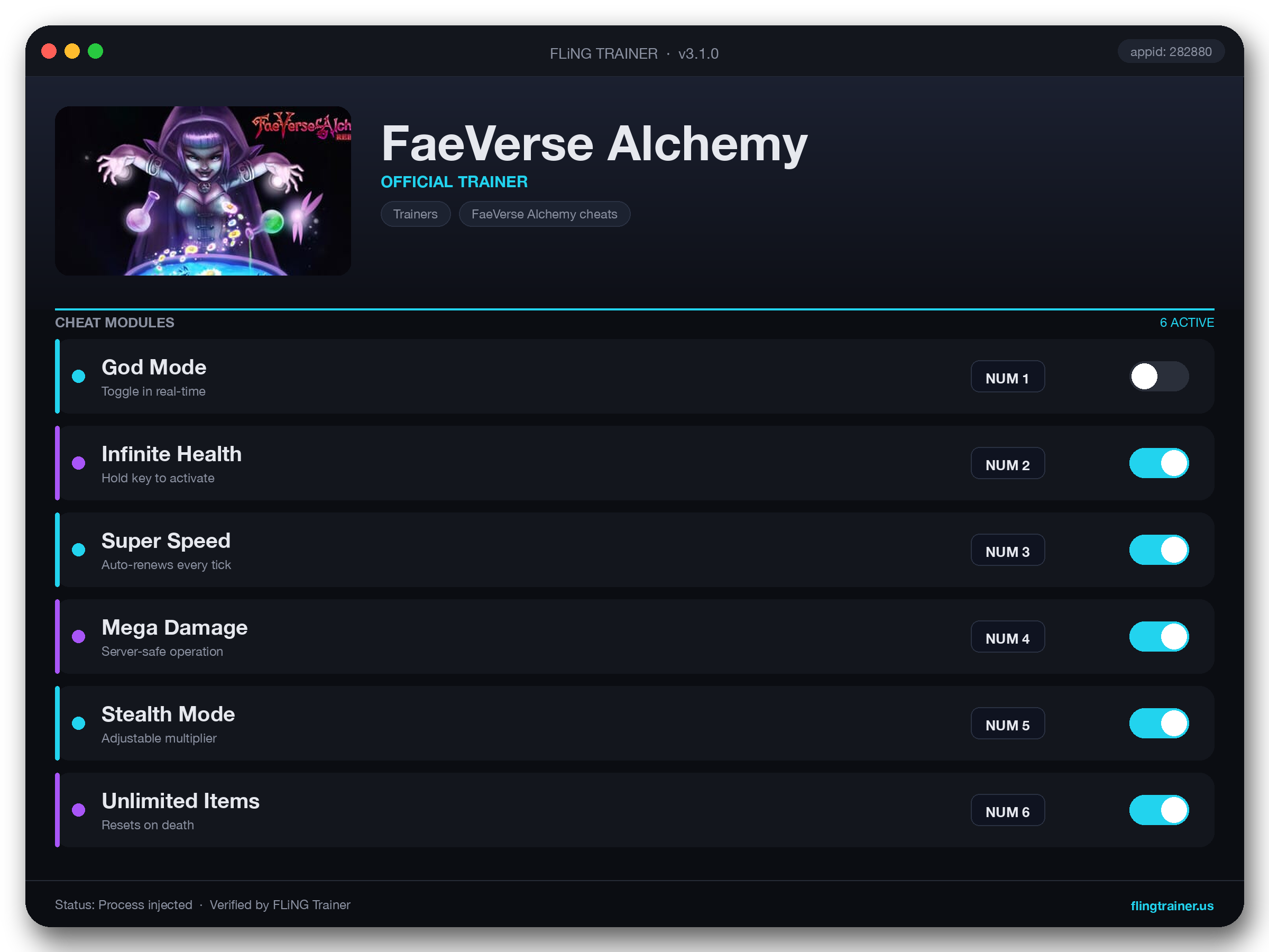 FaeVerse Alchemy Trainer interface