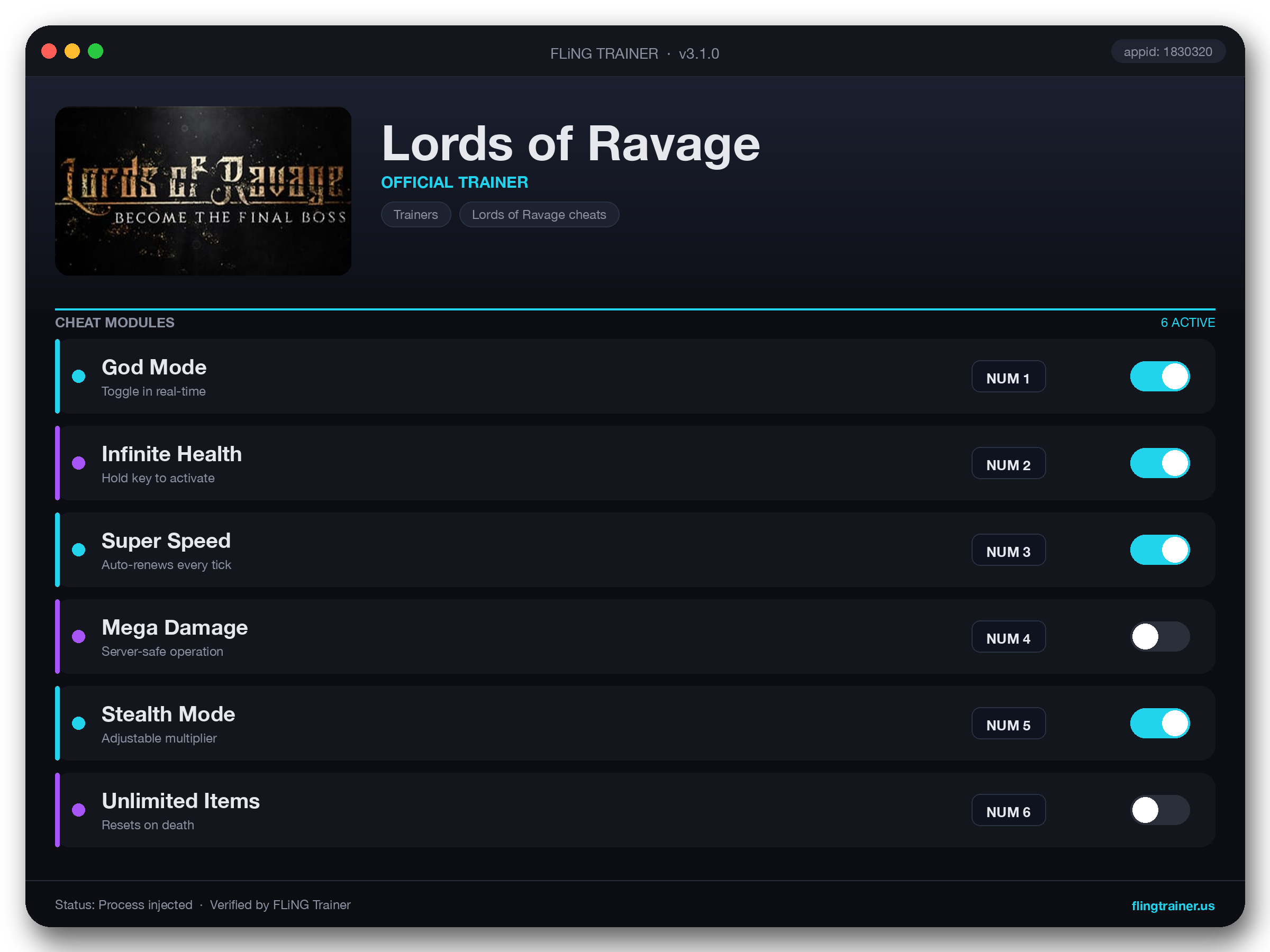 Lords of Ravage Trainer interface