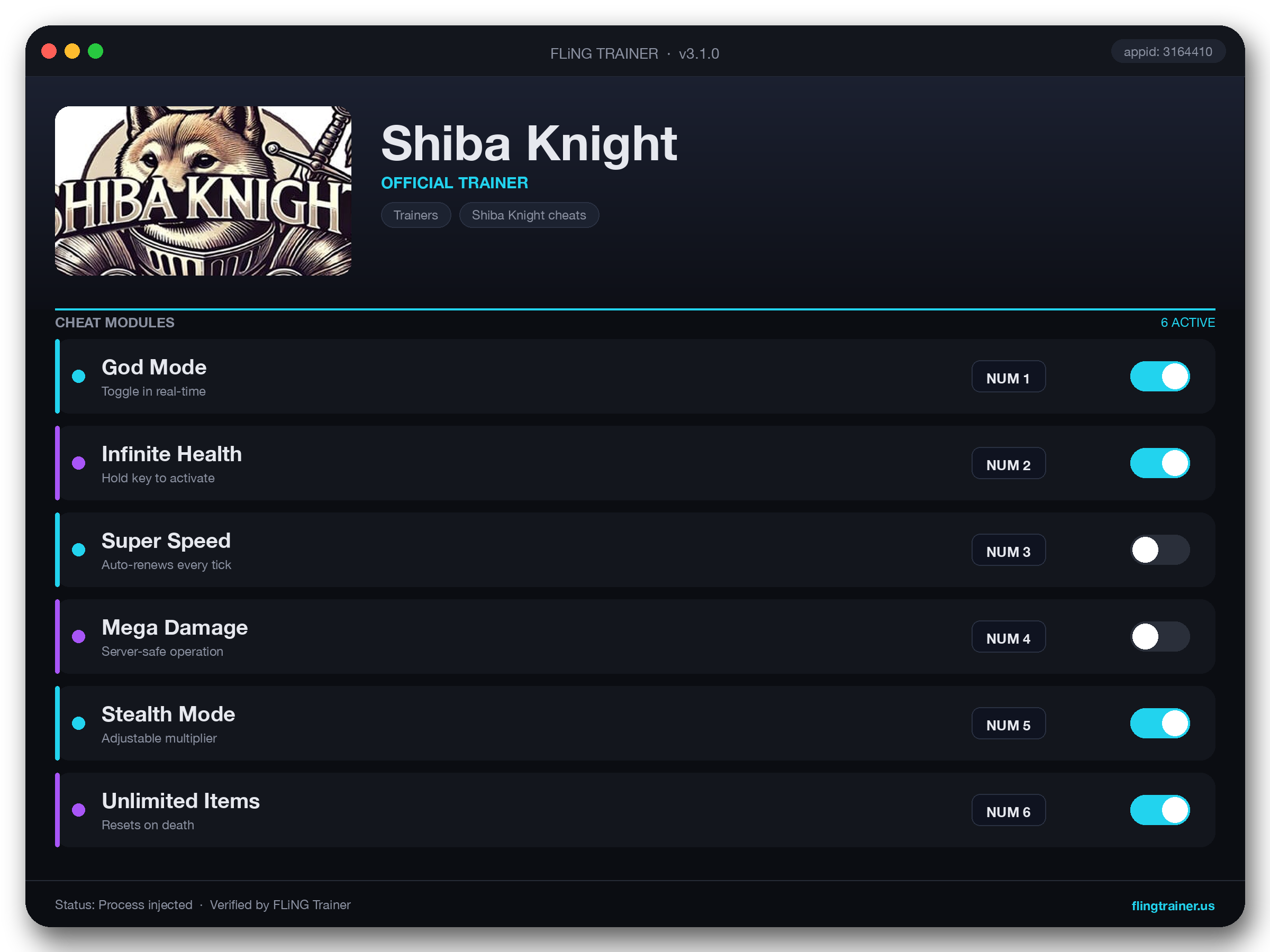 Shiba Knight Trainer interface