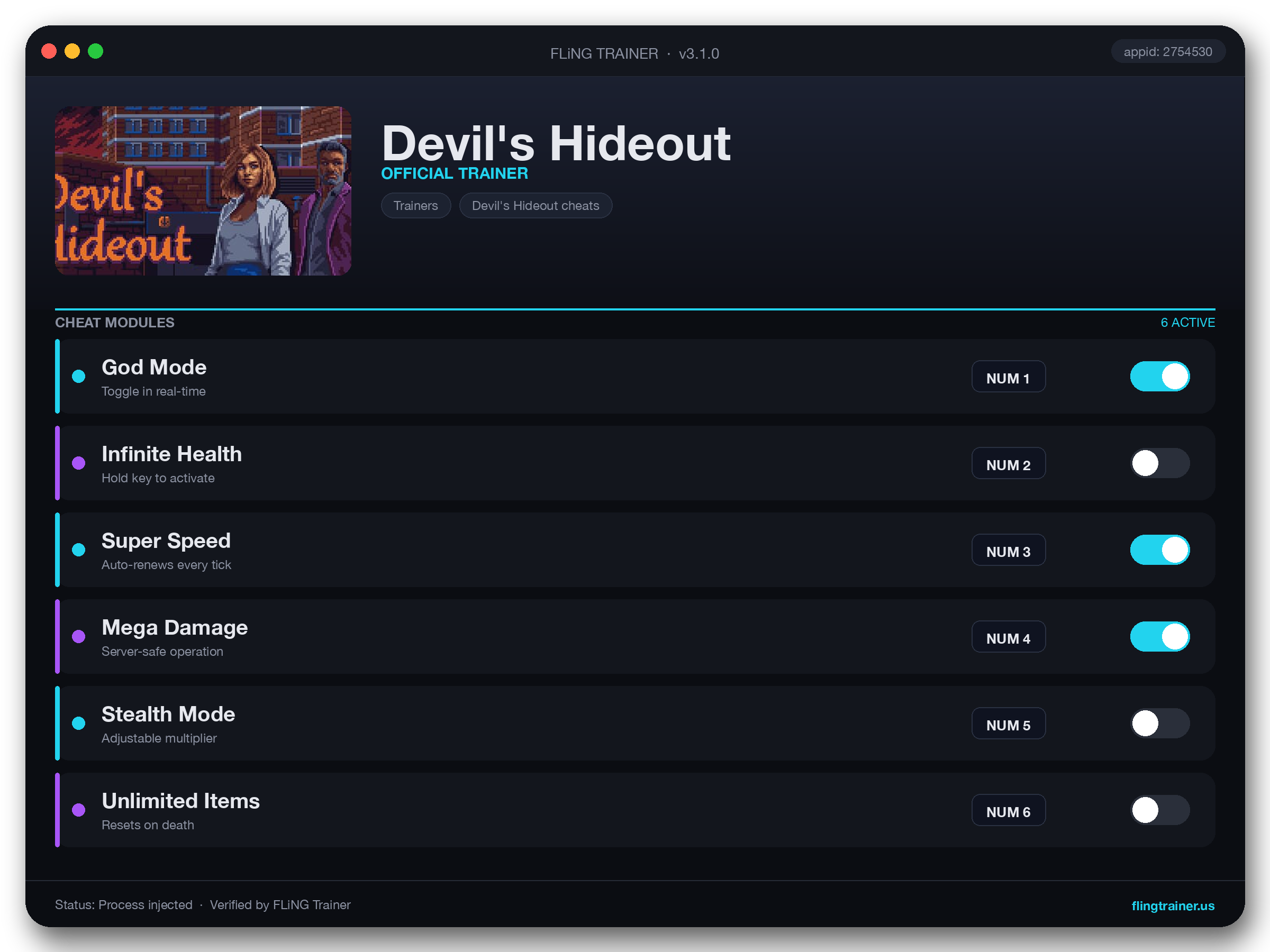 Devil's Hideout Trainer interface
