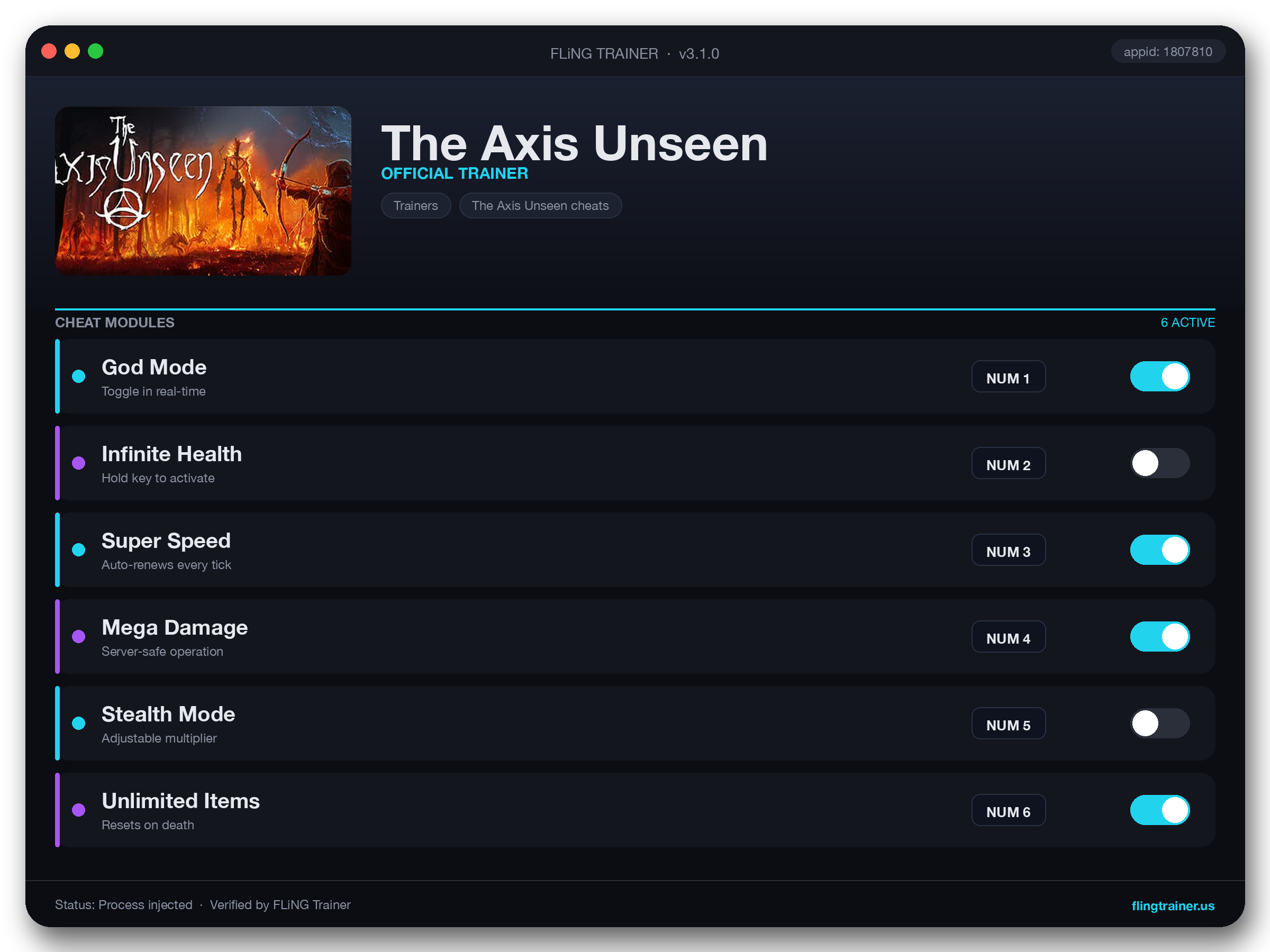 The Axis Unseen Trainer interface