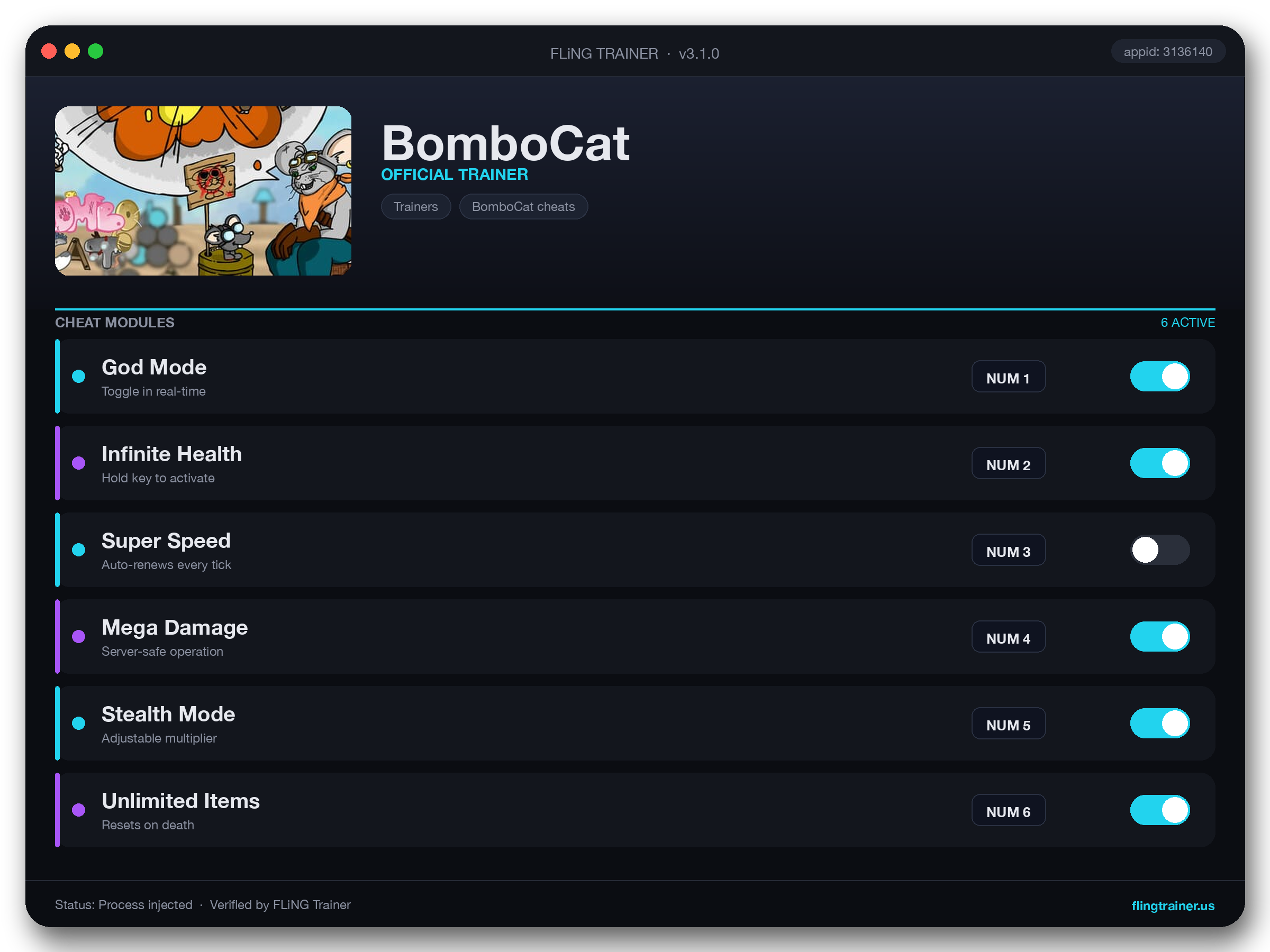 BomboCat Trainer interface