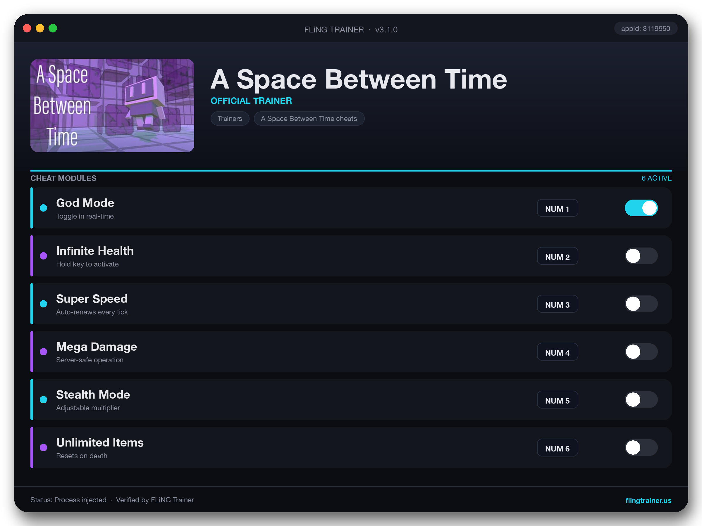 A Space Between Time Trainer interface