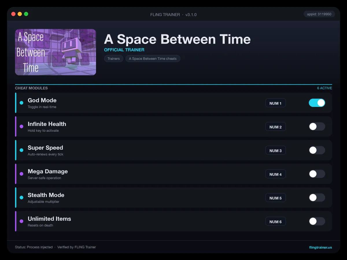 A Space Between Time Trainer interface