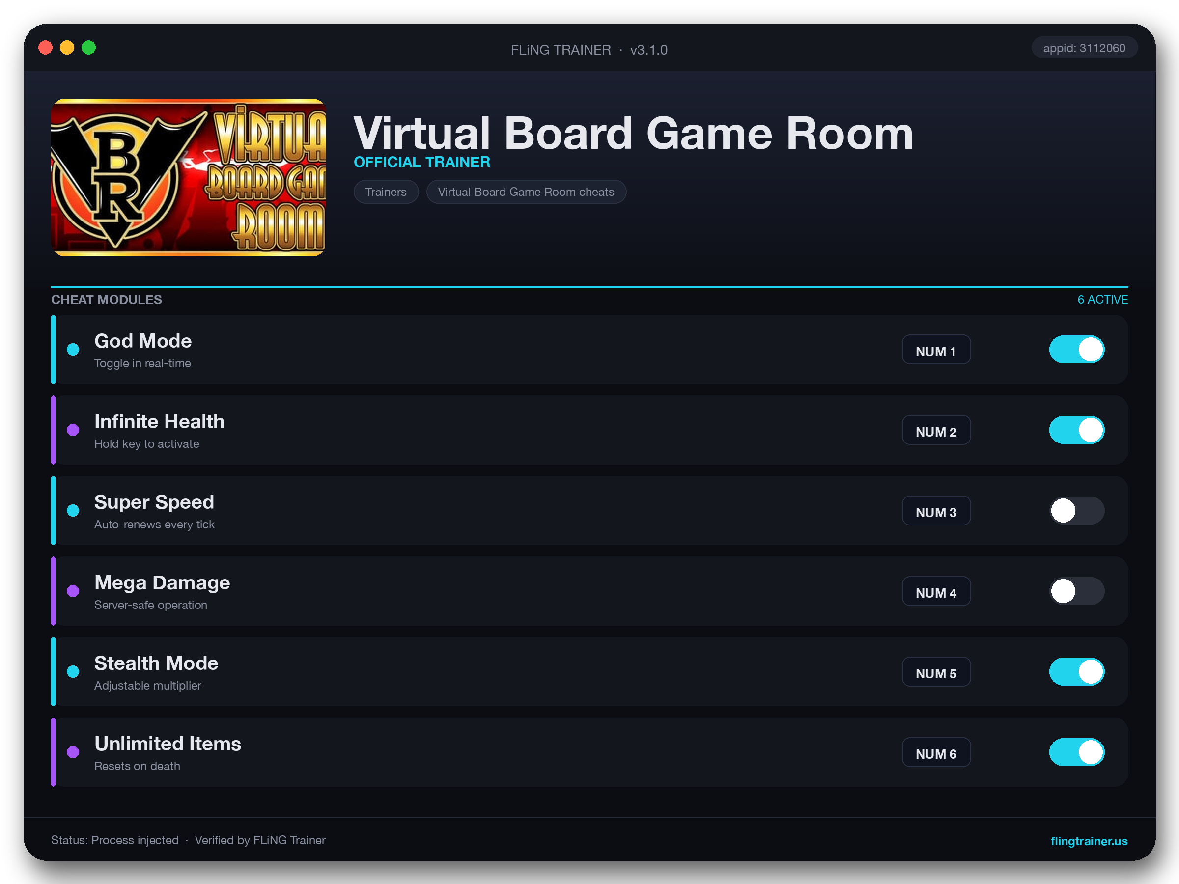 Virtual Board Game Room Trainer interface