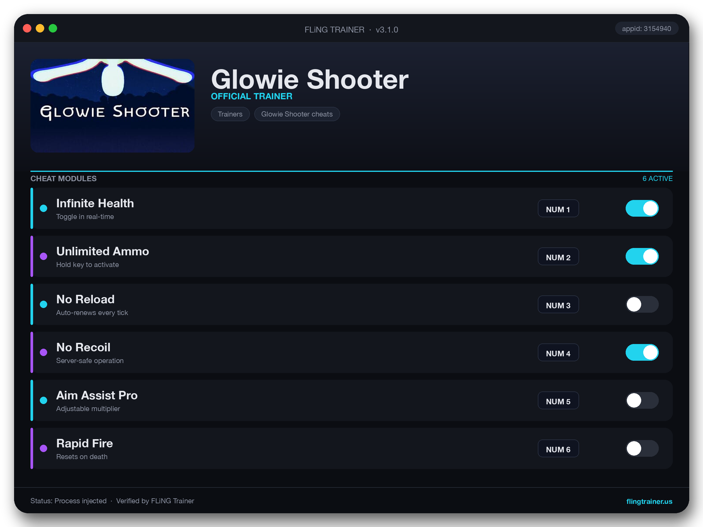 Glowie Shooter Trainer interface