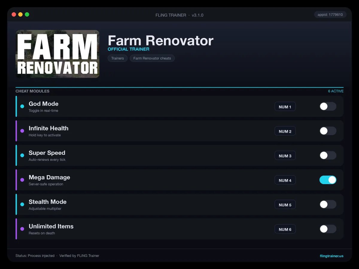 Farm Renovator Trainer interface