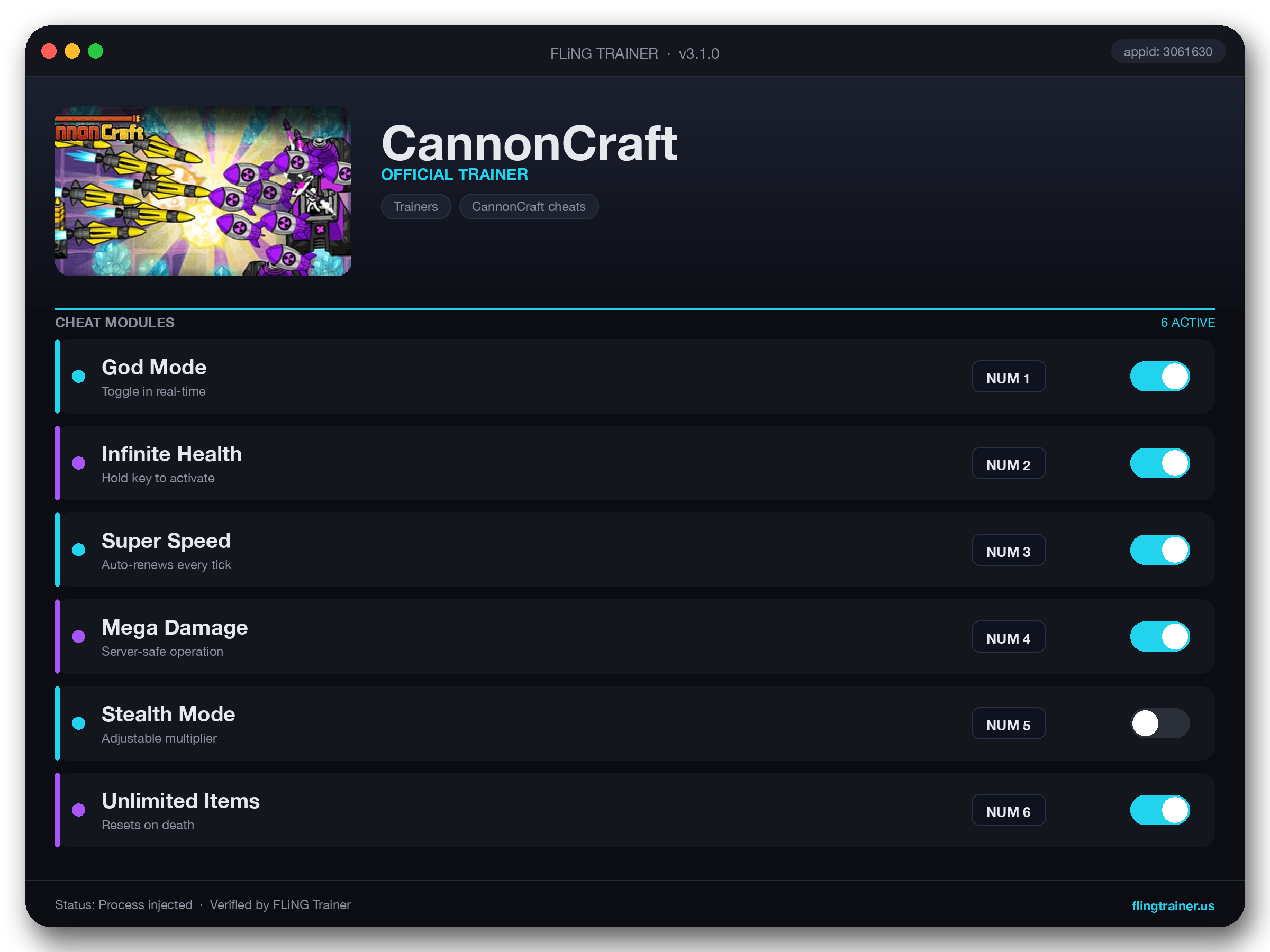 CannonCraft Trainer interface