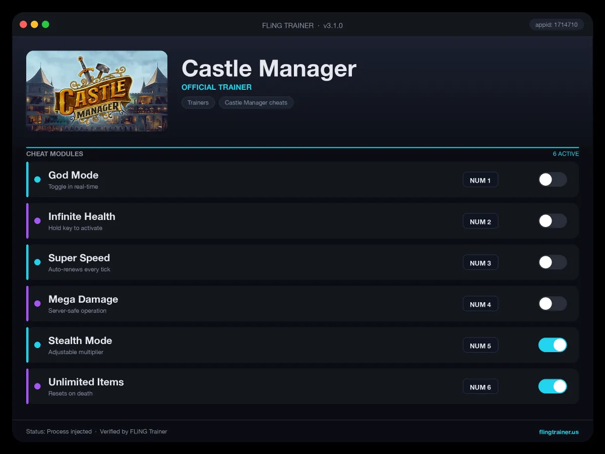 Castle Manager Trainer interface