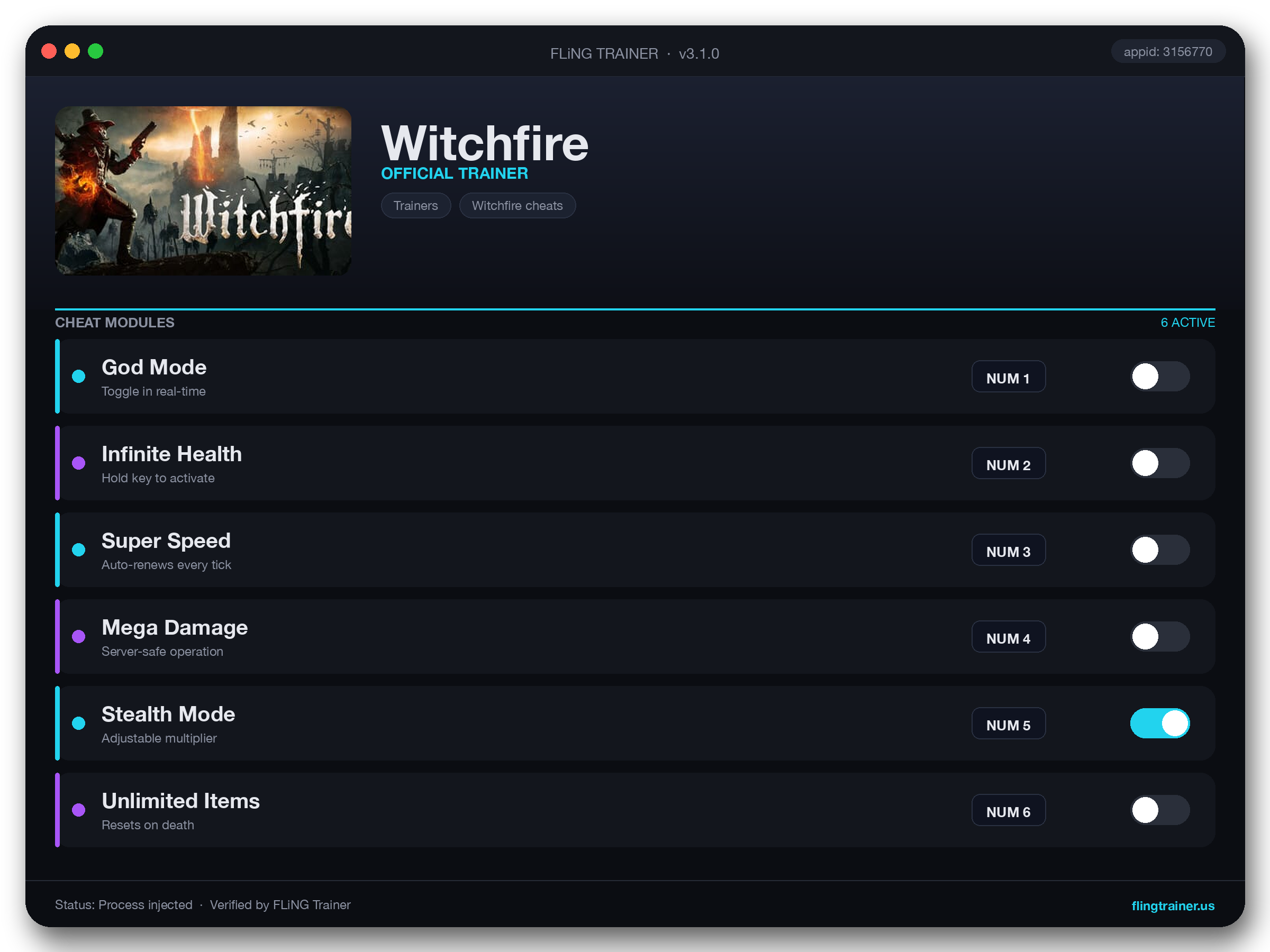 Witchfire Trainer interface