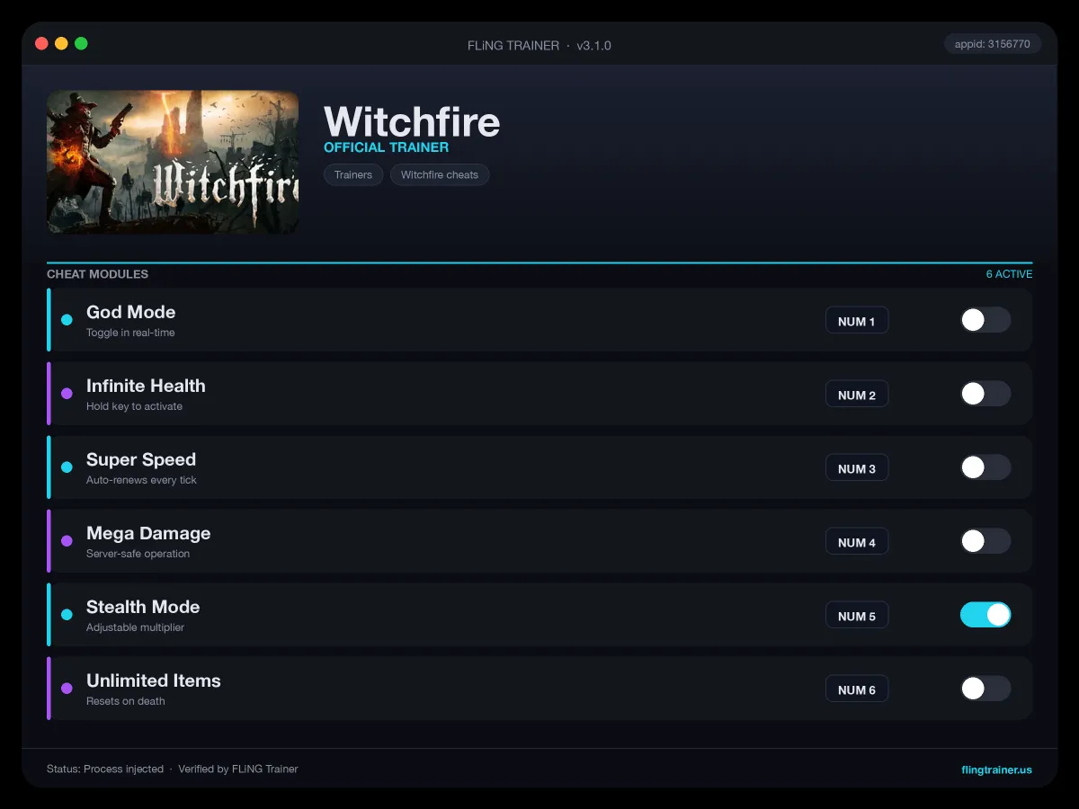 Witchfire Trainer interface
