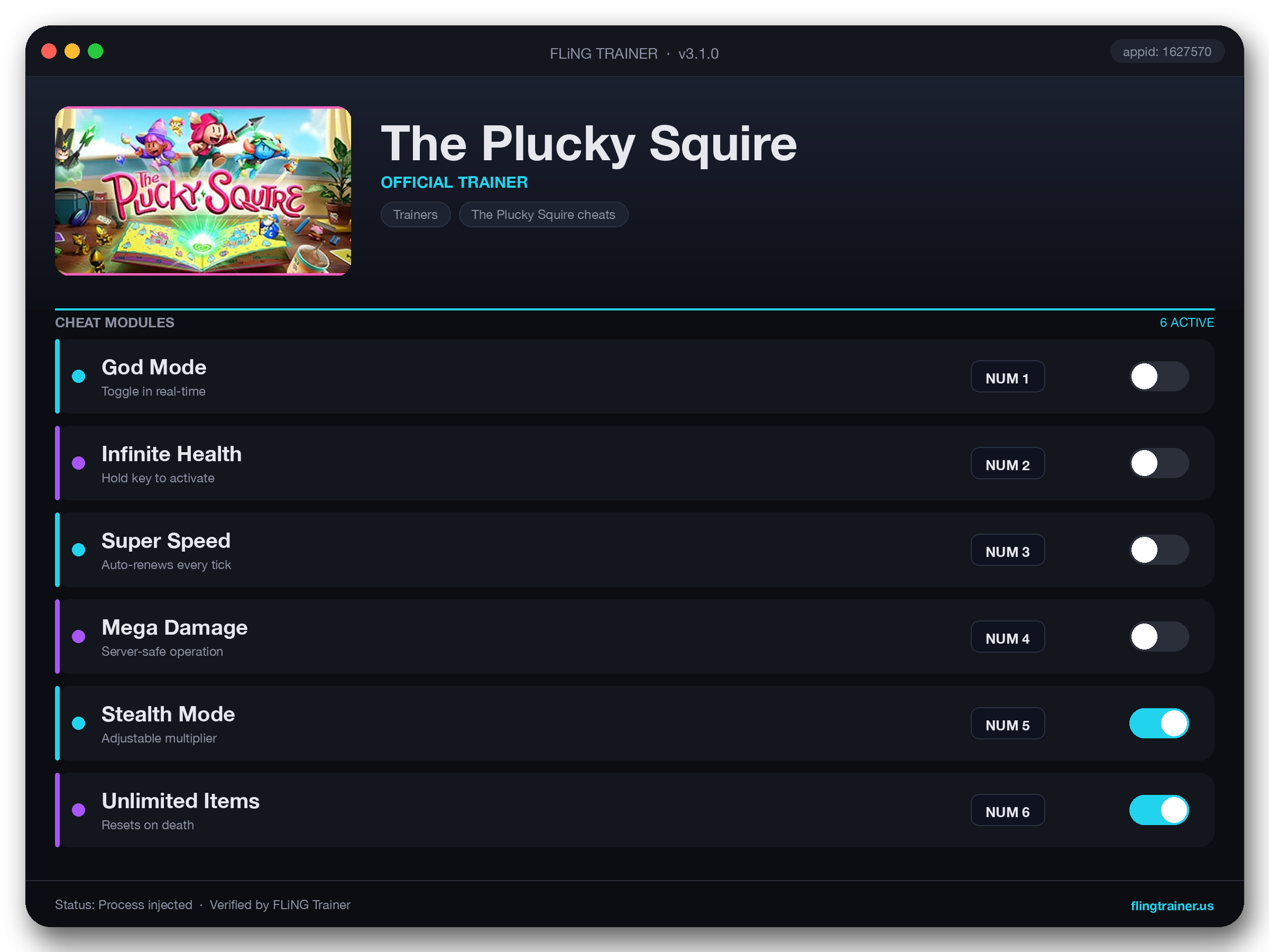 The Plucky Squire Trainer interface