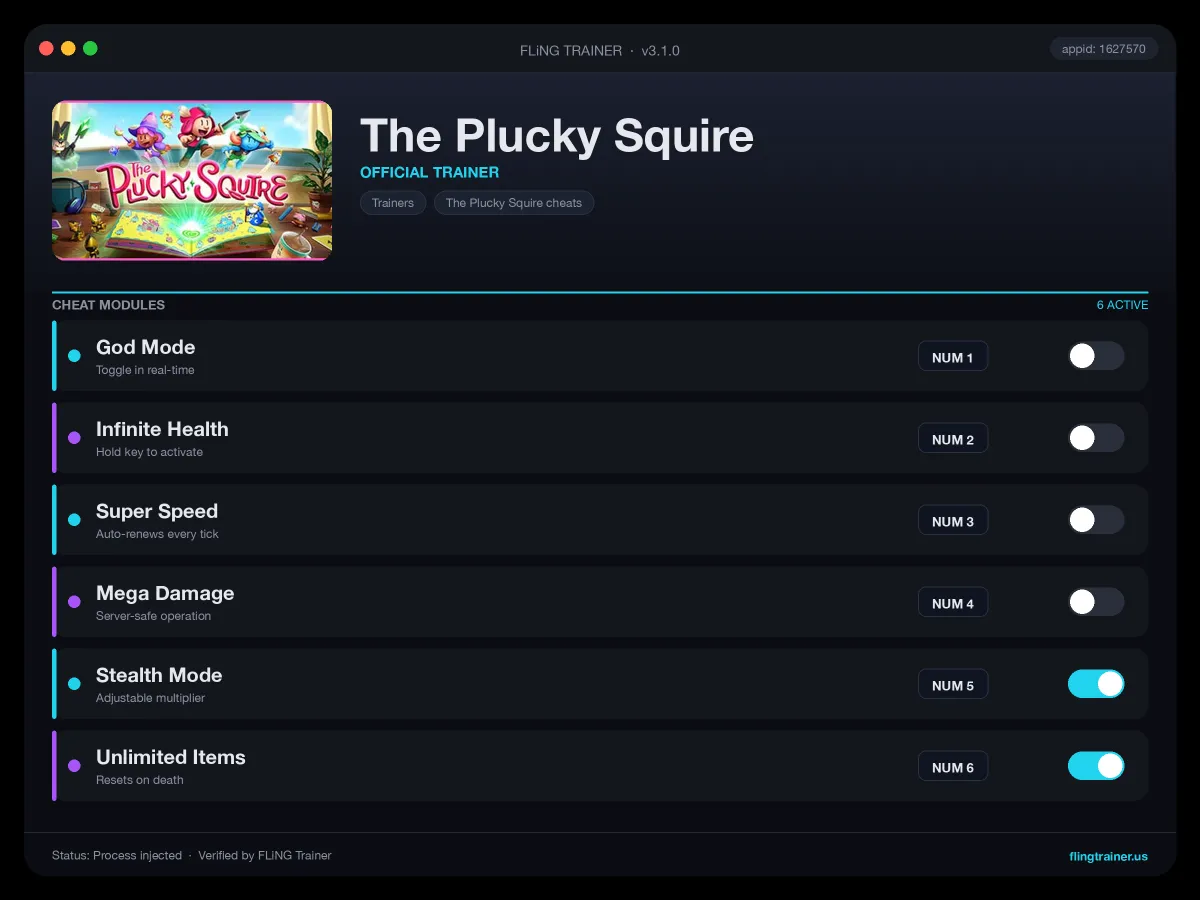 The Plucky Squire Trainer interface
