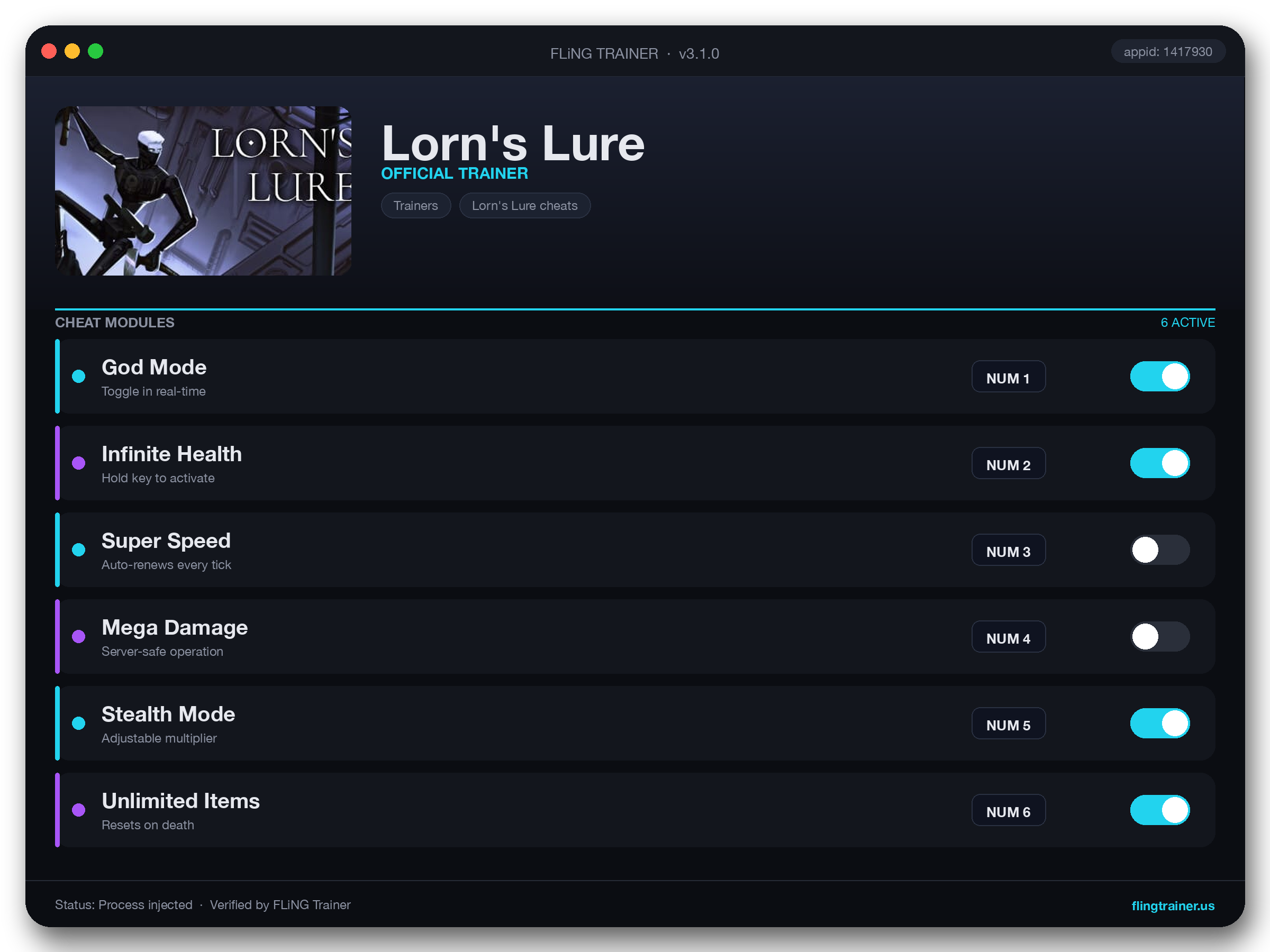 Lorn's Lure Trainer interface