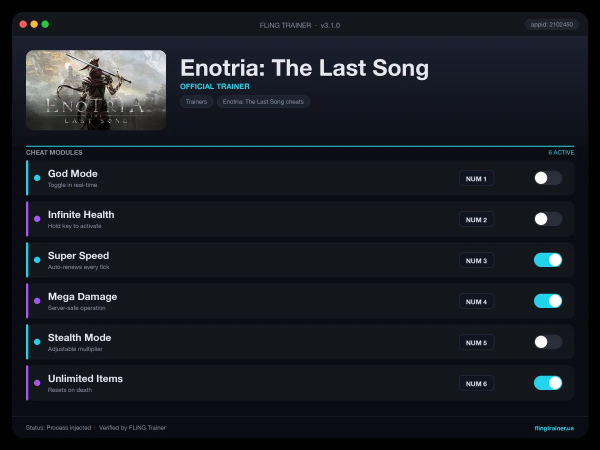 Enotria: The Last Song Trainer interface