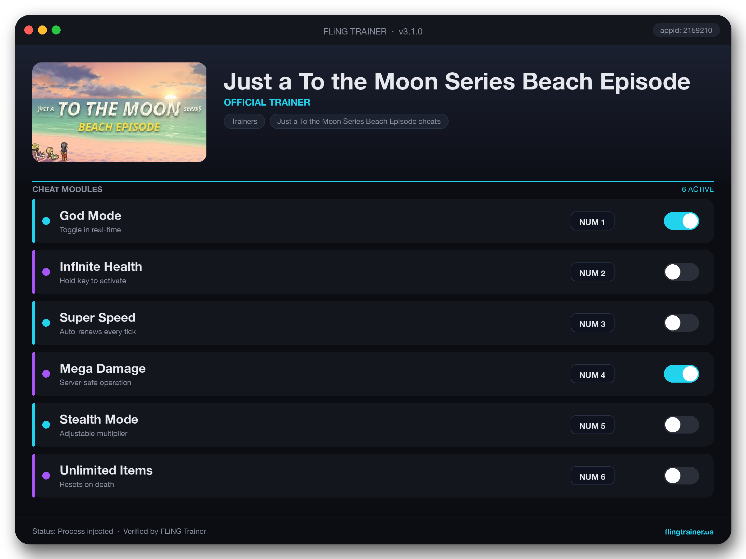 Just a To the Moon Series Beach Episode Trainer interface
