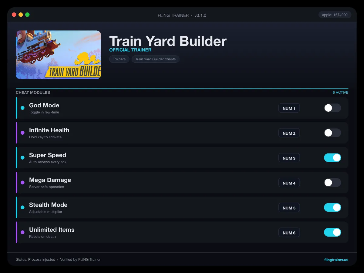 Train Yard Builder Trainer interface