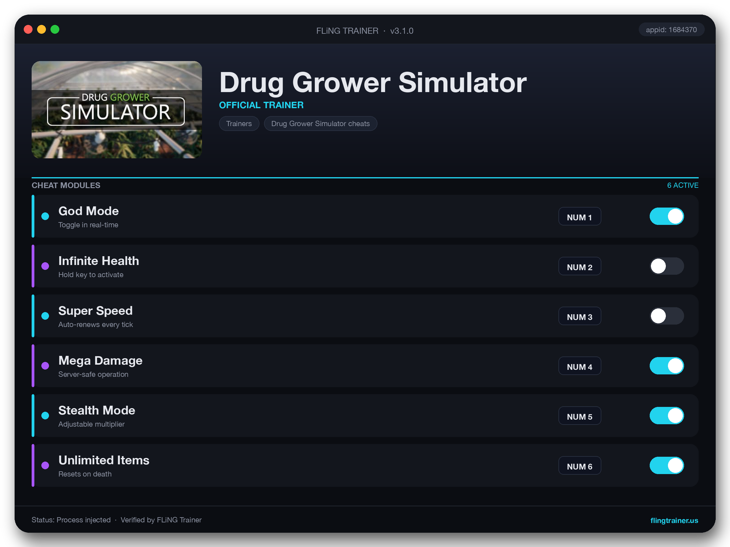 Drug Grower Simulator Trainer interface