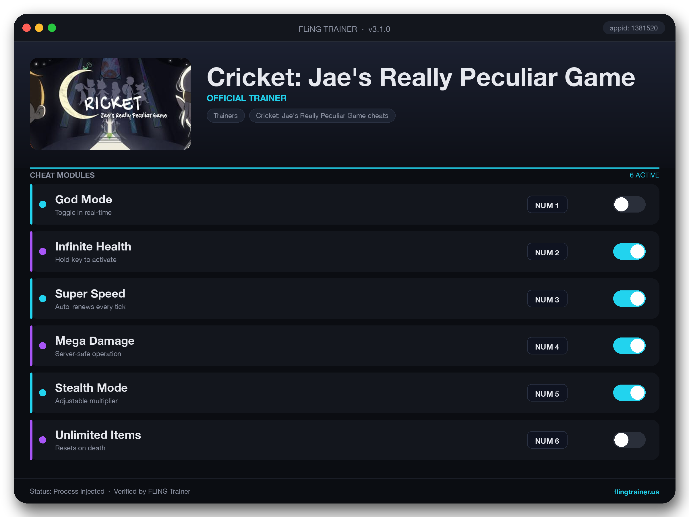 Cricket: Jae's Really Peculiar Game Trainer interface