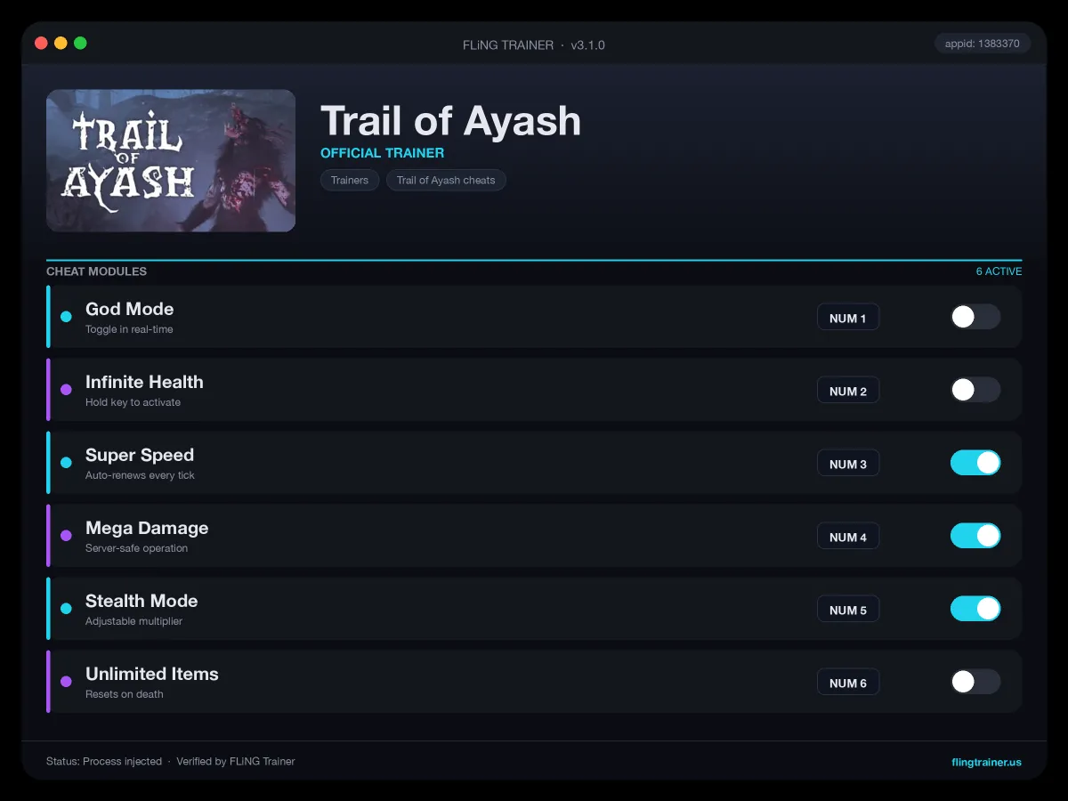 Trail of Ayash Trainer interface