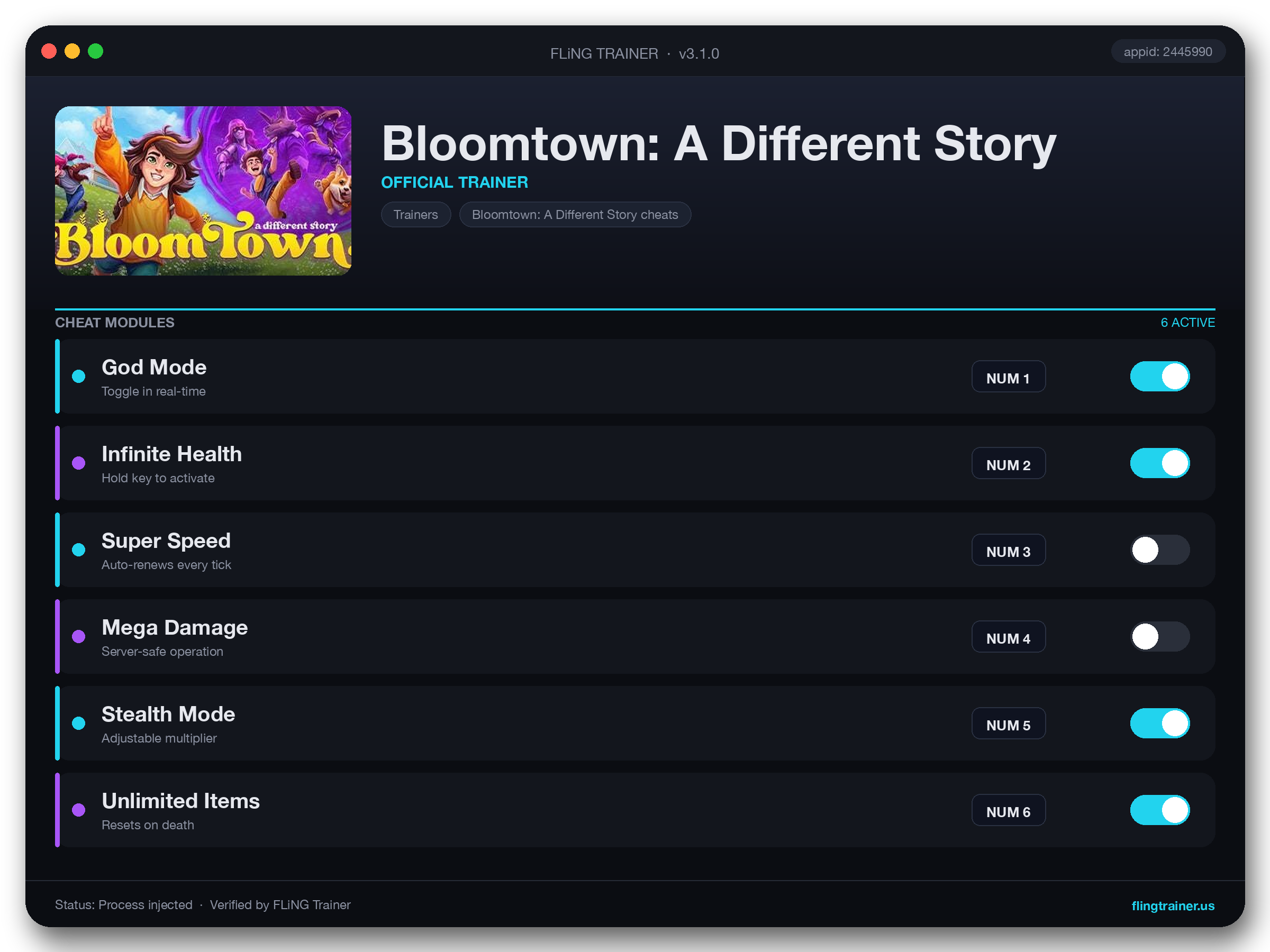 Bloomtown: A Different Story Trainer interface