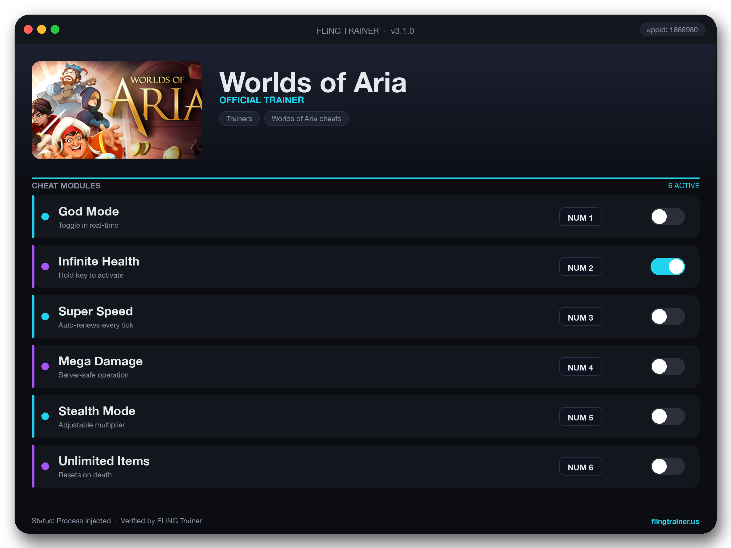 Worlds of Aria Trainer interface